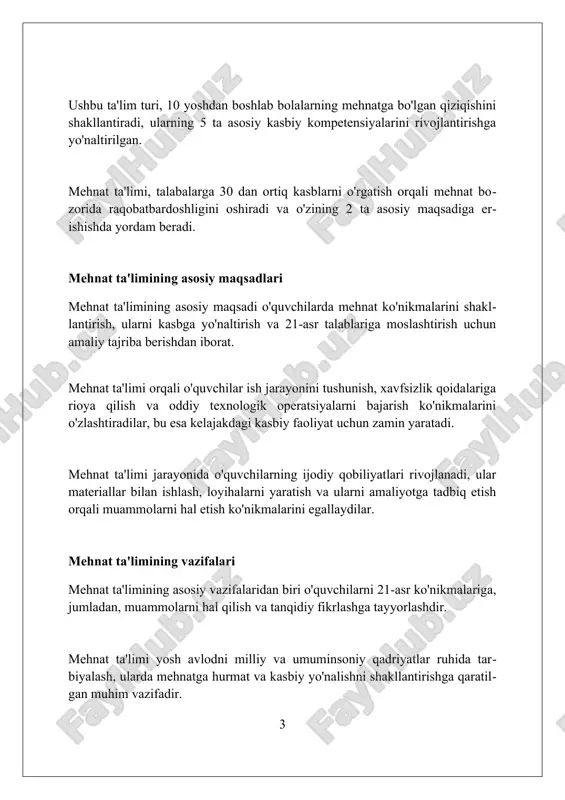 texnologiya, iqtisodiyot asoslari va tadbirkorlik kabi fanlar integratsiyasi orqali o’quvchilarning 21-asr ko’nikmalarini rivojlantirish muhim ahamiyatga ega. mehnat ta’limi, shuningdek, o'quvchilarda milliy hunarmandchilik va xalq amaliy san'ati elementlarini o'rgatish, ularning estetik didini shakllantirishni ham o'z ichiga oladi. mehnat ta'limida kasbiy yo'naltirish kasbiy yo'naltirish mehnat ta'limida o'quvchilarga 15-17 yoshda turli kasblar haqida ma'lumot berib, ularning qiziqish va qobiliyatlarini aniqlashga yordam beradi. mehnat ta'limida kasbiy yo'naltirishning asosiy vazifasi o'quvchilarni mehnat bozoridagi 100dan ortiq talabgor kasblar bilan tanishtirish va tanlashga ko'maklashishdir. kasbiy yo'naltirish doirasida 9-sinf o'quvchilari uchun kasbiy diagnostika testlari o'tkaziladi, bu esa ularga 5-7ta mos keluvchi kasblarni aniqlashga yordam beradi. mehnat ta'limida xavfsizlik texnikasi mehnat ta'limida xavfsizlik texnikasi, 100% baxtsiz hodisalarning oldini olishga qaratilgan, asbob uskunalar bilan ishlashda shaxsiy himoya vositalaridan (ppe) foydalanishni ta'minlaydi. elektr uskunalar bilan ishlashda, 220v dan yuqori bo'lgan kuchlanishda, xavfsizlik qoidalariga qat'iy rioya qilish, izolatsiyalangan asboblar va rezina qo'lqoplardan foydalanish muhimdir. dastgohlarda ishlashda, ish joyini toza saqlash, har bir …