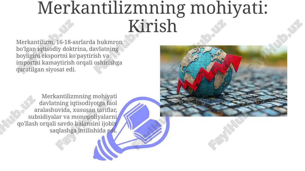 izmning zamonaviy merosi ba'zi mamlakatlar savdo balansi ustunligini ta'minlash uchun protektsionistik siyosatni, jumladan import bo'yicha tariflarni qo'llashda merkantilistik g'oyalarni saqlab qoladi, bu esa 21-asrda davom etmoqda. milliy xavfsizlikni mustahkamlash uchun strategik sohalarni (masalan, mudofaa sanoati) himoya qilish, resurslar va ishlab chiqarishni nazorat qilish orqali merkantilistik tamoyillarning zamonaviy ko'rinishidir. neo-merkantilizm va uning xususiyatlari neo-merkantilizm 21-asrda rivojlangan davlatlar tomonidan eksportni rag'batlantirish va importni cheklash orqali iqtisodiy ustunlikka erishishga qaratilgan siyosatdir. neo-merkantilizmning asosiy xususiyatlaridan biri – bu milliy valyutani sun'iy ravishda past darajada ushlab turish orqali eksportning raqobatbardoshligini oshirish strategiyasidir. xulosa: merkantilizmning ahamiyati va darslari 01 02 merkantilizmning qisqa muddatli foydalari, masalan, 16-18-asrlarda milliy boylikni oshirish, uzoq muddatda inflatsiya va xalqaro savdo urushlariga olib kelishi mumkin edi. sales 1st qtr 2nd qtr 100 0 sales 1st qtr 2nd qtr 100 0 e'tiboringiz uchun rahmat image4.png image5.jpg image6.jpg image7.jpg image8.jpg image9.jpg image10.jpg image11.jpg image12.jpg image13.jpg image14.jpg image15.jpg image16.jpg image1.jpeg image2.jpeg image3.jpeg