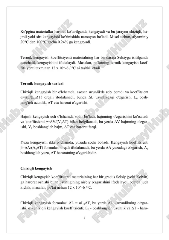 engayishga ta'sir etuvchi omillar materialning tarkibi issiqlik kengayishiga sezilarli ta'sir qiladi; masalan, alyuminiyning termik kengayish koeffitsienti po'latnikidan taxminan 23 x 10^-6 /°c ga teng. haroratning o'zgarishi termik kengayishning darajasini aniqlaydi; yuqori haroratdagi o'zgarishlar odatda kattaroq kengayishga olib keladi, bu ko'pincha chiziqli proportsionaldir. materialning fazoviy holati kengayish koeffitsientiga ta'sir qiladi; gazlar, odatda, suyuqliklar va qattiq jismlarga qaraganda sezilarli darajada yuqori kengayish koeffitsientiga ega. turli materiallarning termik kengayish koeffitsientlari ko'pgina metallarning chiziqli termik kengayish koeffitsientlari xona haroratida taxminan 10^-6 dan 30x10^-6 °c^-1 gacha bo'ladi, bu ularning hajmining har bir daraja selsiyga qanchalik kengayishini ko'rsatadi. polimerlar odatda metallarga nisbatan ancha yuqori termik kengayish koeffitsientlariga ega, ba'zilari 50x10^-6 dan 200x10^-6 °c^-1 gacha yetadi, bu ularning haroratga sezgirligini anglatadi. kompozit materiallar, masalan, karbon tolali epoksi, yo'nalishga qarab turli xil termik kengayish koeffitsientlarini ko'rsatishi mumkin, ba'zi yo'nalishlarda nolga yaqin kengayishni namoyon qiladi. termik kengayishning amaliy qo'llanilishi bimetall chiziqlar termostatlarda qo'llaniladi. turli xil termik kengayish koeffitsientlariga ega …