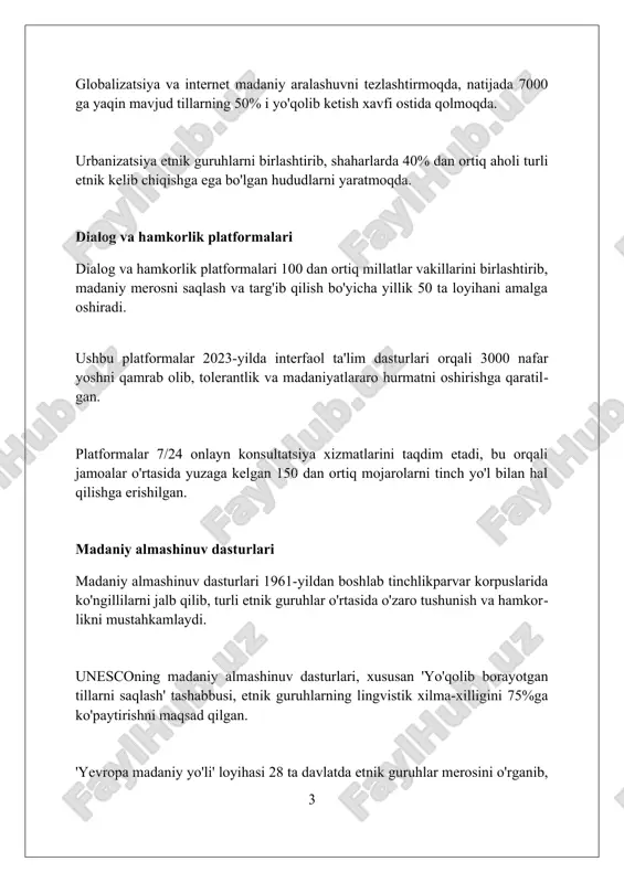 qo'llab-quvvatlash orqali iqtisodiy integratsiyani rag'batlantirish, shu bilan ijtimoiy inklyuzivlikni mustahkamlash zarur. nizolarni hal etishning yangi yondashuvlari transformatsion vositachilik nizolarni hal etishda tomonlar o'rtasida o'zaro tushunishni chuqurlashtirishga qaratilgan, bunda 3 asosiy bosqich amalga oshiriladi. “do'stona doiralar” usuli 5-10 kishilik guruhlar o'rtasida empatiyani rivojlantirish orqali nizolarni hal qilishga ko'maklashadi, bu erda shaxsiy hikoyalar muhim rol o'ynaydi. nizolarni hal etishda “haqiqatni aniqlash komissiyalari” 1974-2024 yillar davomida sodir bo'lgan xatolarni aniqlab, ijtimoiy adolatni tiklashga xizmat qiladi. yoshlarning ishtiroki va faolligi yoshlar o'rtasida interaktiv forumlar tashkil etish, ularning faolligini oshirish uchun, kamida 50 nafardan iborat guruhlarni jalb qilib, onlayn platformalarda debatlar o'tkazish lozim. yoshlarning loyihalarida 30% ko'proq interetnik hamkorlikni rag'batlantirish, ularning ijtimoiy faolligini oshirish uchun grantlar va imtiyozli dasturlar yaratish muhim. yoshlarning faolligi uchun 2024-yilda "do'stlik ko'prigi" kabi maxsus dasturlar ishlab chiqish, bunda turli millat vakillari o'rtasida 10 dan ortiq tadbirlar o'tkazish rejalashtirilgan. etnik tashkilotlarning roli etnik tashkilotlar, masalan, “do'stlik” jamiyati, 100 dan ortiq millat …
