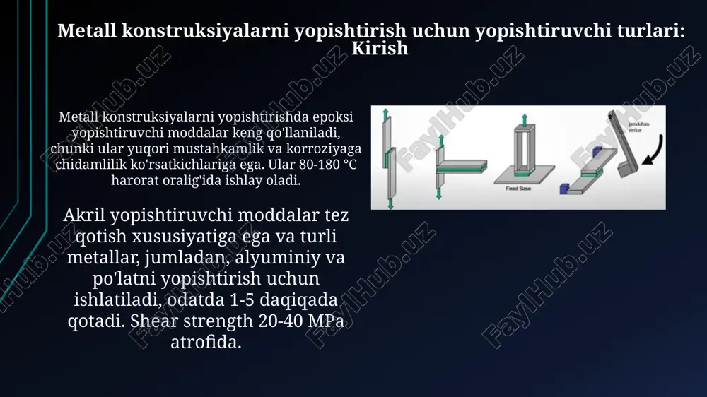99% tozalikka ega bo'lishi mumkin. asetilen (c2h2) kislorod bilan aralashtirilganda yuqori haroratli olov (3200°c dan ortiq) hosil qiladi, bu po'lat payvandlash uchun keng qo'llaniladi. payvandlash simlari va eritmalari payvandlash simlari tarkibida 0,06% dan 0,15% gacha uglerod, 0,4% dan 0,7% gacha marganets va 0,15% dan 0,35% gacha kremniy bo'lishi mumkin. eritmalar, masalan, boraks (na2b4o7), metall oksidlarni eritish va payvandlash yuzasini tozalash orqali payvandlash sifatini oshiradi hamda 750-850°c haroratda ishlaydi. e'tiboringiz uchun rahmat image1.png image2.jpg image3.jpg image4.jpg image5.jpg image6.jpg image7.jpg image8.jpg image9.jpg image10.jpg image11.jpg