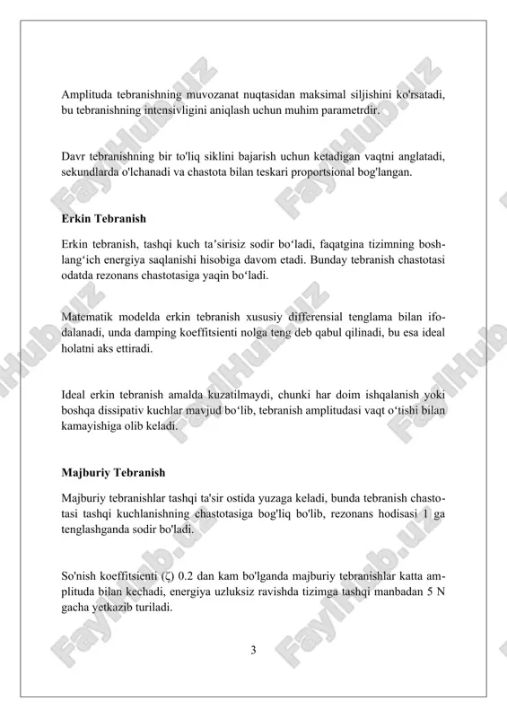 nlik sistemalari tabiiy chastotaga (ωn = √(k/m)) ega bo'lib, bu chastotada tizim tashqi ta'sirsiz tebranadi, bu esa rezonans hodisasini tushuntiradi. ko'p darajali erkinlik sistemalari ko'p darajali erkinlik sistemalari n murakkab harakatlarni ifodalaydi; masalan, 3 darajali erkinlik sistemasi 3 ta alohida tebranish modosiga ega bo'lishi mumkin. rezonans chastotalari ko'p darajali erkinlik sistemalarida muhim, chunki ular sistemadagi tebranish amplitudasini sezilarli darajada oshirishi mumkin bo'lgan n chastotalardir. bog'langan osilatorlar ko'p darajali erkinlik sistemasining tipik namunasidir, bunda energiya 2 ta yoki undan ortiq osilatorlar o'rtasida uzatilishi mumkin, bu esa murakkab harakatga olib keladi. garmonik qo'zg'alish garmonik qo'zg'alish sinusoidal tebranish bo'lib, u vaqt o'tishi bilan tekis o'zgaradi va uning matematik ifodasi a*sin(ωt + φ) shaklida bo'ladi, bu yerda a - amplituda. garmonik qo'zg'alishning chastotasi (f) va davri (t) o'rtasida teskari bog'liqlik mavjud: f = 1/t. chastota gertsda (hz) o'lchanadi, bu sekundiga 1 tebranish demakdir. garmonik qo'zg'alishning fazasi (φ) tebranish boshlang'ich holatini belgilaydi. agar φ = …