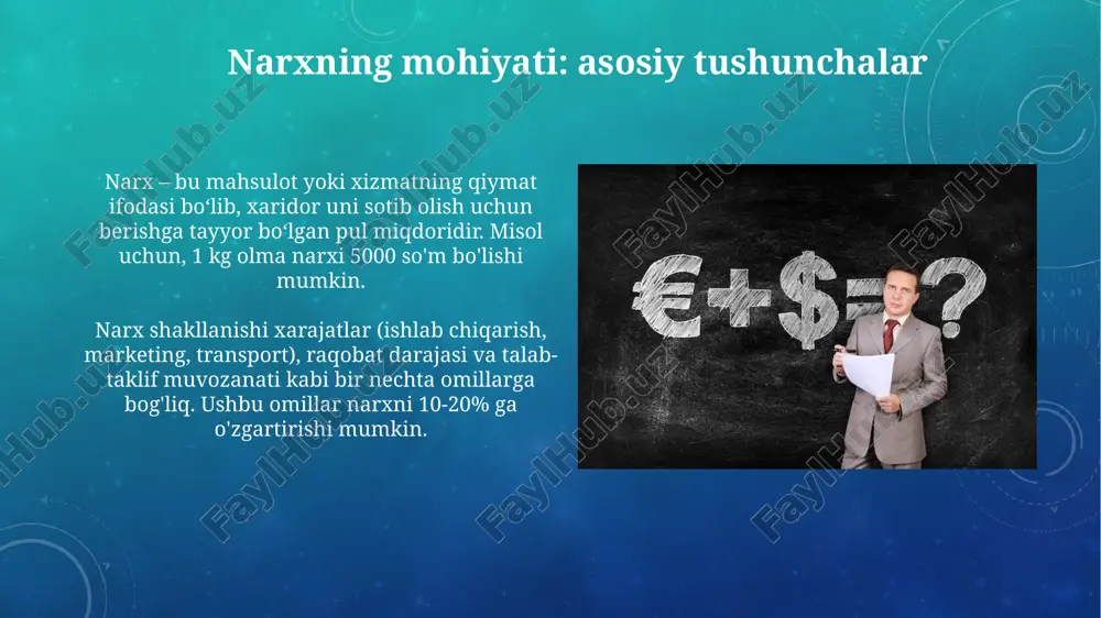 minimallashtirishga qaratilgan. misol uchun, $20 lik oddiy futbolka bozor ulushini oshirish uchun qulay, lekin past rentabellikni ta'minlaydi. narx diskriminatsiyasi va uning turlari narx diskriminatsiyasi - bu bir xil mahsulot yoki xizmatni turli xaridorlarga har xil narxlarda sotish, masalan, 1-darajali diskriminatsiya individual narxlarni belgilashni o'z ichiga oladi. 2-darajali narx diskriminatsiyasi miqdorga asoslangan, ya'ni ulgurji xaridorlarga arzonroq narxlar taklif etiladi, bu esa xarajatlarni tejashni aks ettirishi mumkin. narxni davlat tomonidan tartibga solish davlat narx nazorati ijtimoiy ahamiyatga ega tovarlar va xizmatlarga, masalan, asosiy oziq-ovqatlar yoki kommunal to'lovlarga qat'iy narxlar belgilashni o'z ichiga olishi mumkin. davlat tomonidan narxni tartibga solish tabiiy monopoliyalar uchun, masalan, elektr energiyasi yoki suv ta'minoti sohalarida raqobatni cheklash orqali iste'molchilarni himoya qilish uchun amalga oshiriladi. narx siyosatining samaradorligini baholash narx siyosatining samaradorligi sotuv hajmi o'sishi (masalan, 15%) yoki bozor ulushining ko'payishi (3% dan 5% gacha) bilan o'lchanadi, bu esa mijozlarning qoniqish darajasini aks ettiradi. rentabellik ko'rsatkichi (roi) 20% dan …