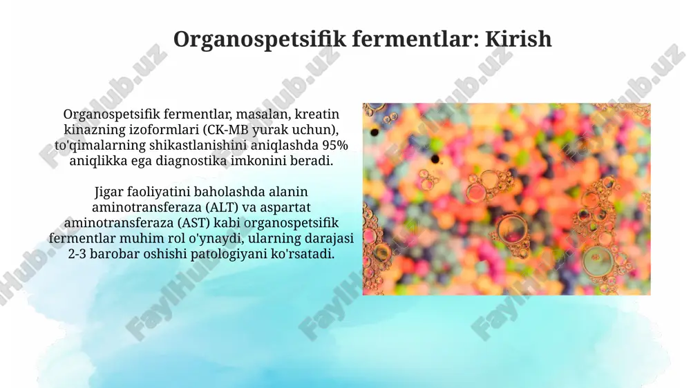 mentlarning buzilishi natijasida kelib chiqadigan kasalliklar, masalan, 1-toifa glikogenoz, unda glyukoza-6-fosfataza fermenti yetishmasligi kuzatiladi. enzimopatologiya ferment faolligining o'zgarishi (ortishi yoki kamayishi) bilan bog'liq bo'lgan 100 dan ortiq metabolik kasalliklarni o'z ichiga oladi, jumladan, fenilketonuriya misol bo'la oladi. fermentlar faolligining o'zgarish sabablari genetik defektlar fermentning sintez tezligiga ta'sir qilib, uning miqdorini o'zgartiradi; misol uchun, pku da fenilalanin gidroksilaza faolligi kamayadi. jigar kasalliklarida, masalan, gepatitda, alt va ast kabi fermentlar qon oqimiga chiqib, ularning serumdagi faolligi 5-10 barobar oshadi. fermentlar faolligining patologik jarayonlardagi roli fermentlar faolligining o'zgarishi hujayra shikastlanishi, yallig'lanish, o'sma rivojlanishi kabi patologik jarayonlarni aks ettiradi va diagnostik ahamiyatga ega. ayrim kasalliklarda fermentlar faolligi sezilarli darajada oshadi (masalan, miokard infarktida kreatin kinaz-mb), bu esa zararlangan to'qimalarning miqdorini ko'rsatadi. enzim diagnostikasi: asosiy tamoyillar enzim diagnostikasining asosiy tamoyili - bu qonda yoki boshqa biologik suyuqliklarda muayyan fermentlar faolligini miqdoriy aniqlashdir, bu kasallik belgisi bo'lishi mumkin. enzim diagnostikasida klinik ahamiyatga ega fermentlar, masalan, transaminazalar …