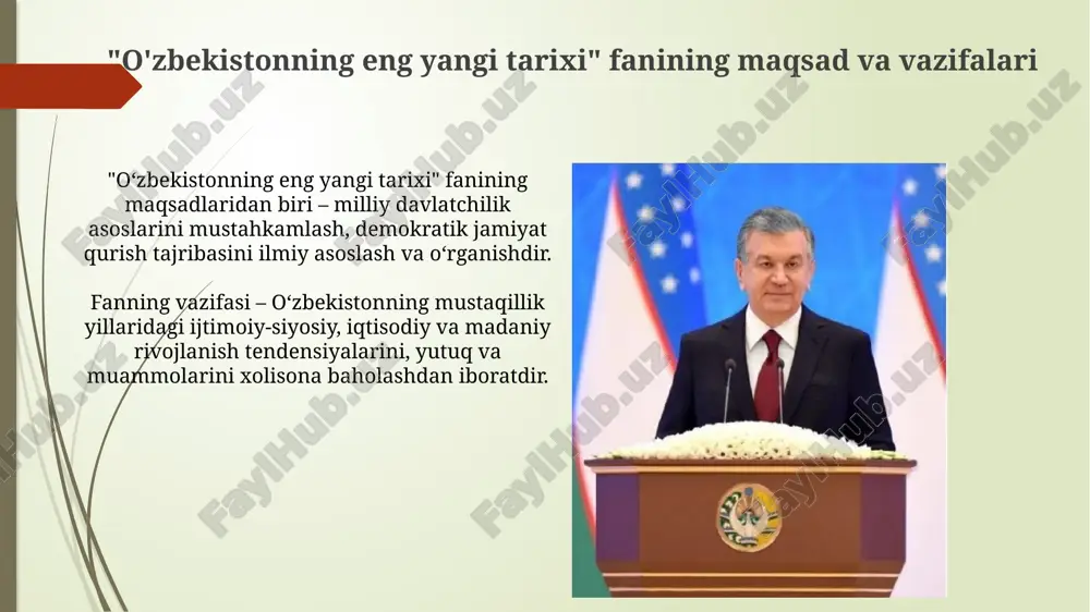 b etish, ularning fikrlash qobiliyatini 45% ga oshirishga yordam beradi. fanni o'rganishning ahamiyati yangi oʻzbekistonning strategik rivojlanish maqsadlari va "2022–2026-yillarga moʻljallangan taraqqiyot strategiyasi" kabi muhim davlat dasturlari bilan chuqur tanishishda fan yordam beradi. fan, mustaqillikning dastlabki yillaridan boshlab oʻzbekistonning ijtimoiy-siyosiy, iqtisodiy va madaniy sohalarida amalga oshirilgan tub islohotlarni tahlil qilish uchun zarur. e'tiboringiz uchun rahmat image1.png image2.jpg image3.jpg image4.jpg image5.jpg image6.jpg image7.jpg image8.jpg image9.jpg image10.jpg image11.jpg image12.jpg