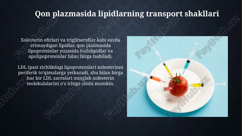 )) deb nomlanuvchi o'ziga xos protein bilan kovalent bog'langan, bu esa uning noyob xususiyatlarini belgilaydi. lp(a) ning plazmadagi kontsentratsiyasi apo(a) genining o'lcham polimorfizmi bilan kuchli bog'liq bo'lib, bu populyatsiyalar orasida lp(a) darajasida sezilarli o'zgarishlarga olib keladi. qon zardobida lipidlarni aniqlash usullari fermentativ kolorimetrik usullar triglitseridlarni aniqlashda keng qoʻllaniladi, bunda triglitseridlar gidrolizlanib, hosil boʻlgan glitserin reaksiyaga kirishib, miqdoriy oʻlchanadigan rangli birikma hosil qiladi. xolesterinni aniqlashda xolesterin oksidaza fermenti qoʻllaniladi, bu ferment xolesterinni oksidlaydi va hosil boʻlgan vodorod peroksidi miqdori rangli indikator orqali aniqlanadi. umumiy xolesterinni aniqlash usullari umumiy xolesterinni aniqlashda fermentativ kolorimetrik usul qo'llaniladi, bunda xolesterin esteraza xolesterinni gidrolizlaydi, so'ngra xolesterin oksidaza ta'sirida vodorod peroksid hosil bo'ladi. libermann-burchard reaksiyasi kabi eski kimyoviy usullar xolesterinni aniqlash uchun ishlatilgan, lekin ularning sezgirligi past va xatolik darajasi yuqori bo'lganligi sababli kamdan-kam qo'llaniladi. triglitseridlar darajasini aniqlash triglitseridlarni fermentativ-kolorimetrik usulda aniqlashda, lipaza triglitseridlarni glitserin va yog 'kislotalarigacha gidrolizlaydi, so'ngra glitserin kinaza yordamida o'lchanadigan mahsulot hosil bo'ladi. …