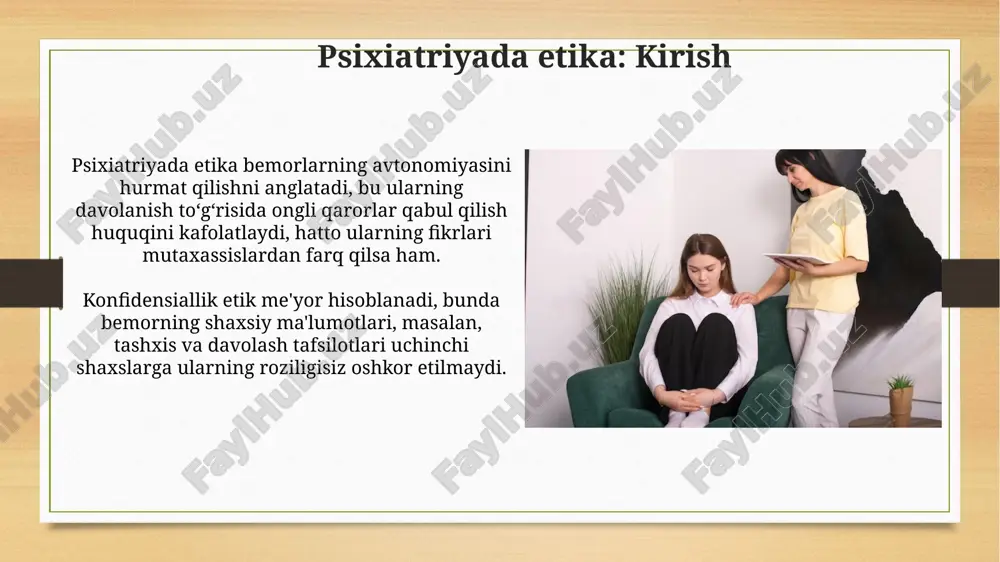 ni tuzatish va empatiyani oshirish orqali stigma darajasini 25% kamaytirishi mumkin. omma uchun mo'ljallangan 360 graduslik targ'ibot kampaniyalari, jumladan tv reklama roliklari, ijtimoiy tarmoqlar va gazetalar, xabardorlikni oshirishi aniq. ommaviy axborot vositalarining roli va mas'uliyati ommaviy axborot vositalari ruhiy kasalliklar haqida noto'g'ri ma'lumot tarqatmaslik mas'uliyatiga ega, aks holda stigma 30% ga oshishi va davolanish imkoniyati kamayishi mumkin. oav psixiatriya sohasidagi ekspertlar bilan hamkorlik qilib, 85% hollarda aniq faktlar va 15% hollarda shaxsiy fikrlarni yetkazish orqali bilimni oshirishi kerak. psixiatriyada etika va stigmani yo'qotish bo'yicha xulosalar va tavsiyalar psixiatriya sohasida axloqiy muammolar tahlili shuni ko'rsatdiki, 60% hollarda bemorlarning huquqlari buzilgan, stigmatizatsiya esa davolanish samaradorligini 30% ga kamaytirgan. psixiatriyada etikani mustahkamlash uchun sog'liqni saqlash xodimlari uchun majburiy 24 soatlik etik treninglar o'tkazish va anonim shikoyat mexanizmlarini joriy etish zarur. e'tiboringiz uchun rahmat image7.png image8.jpg image9.jpg image10.jpg image11.jpg image12.jpg image13.jpg image14.jpg image15.jpg image16.jpg image17.jpg image18.jpg image19.jpg image3.png image4.png