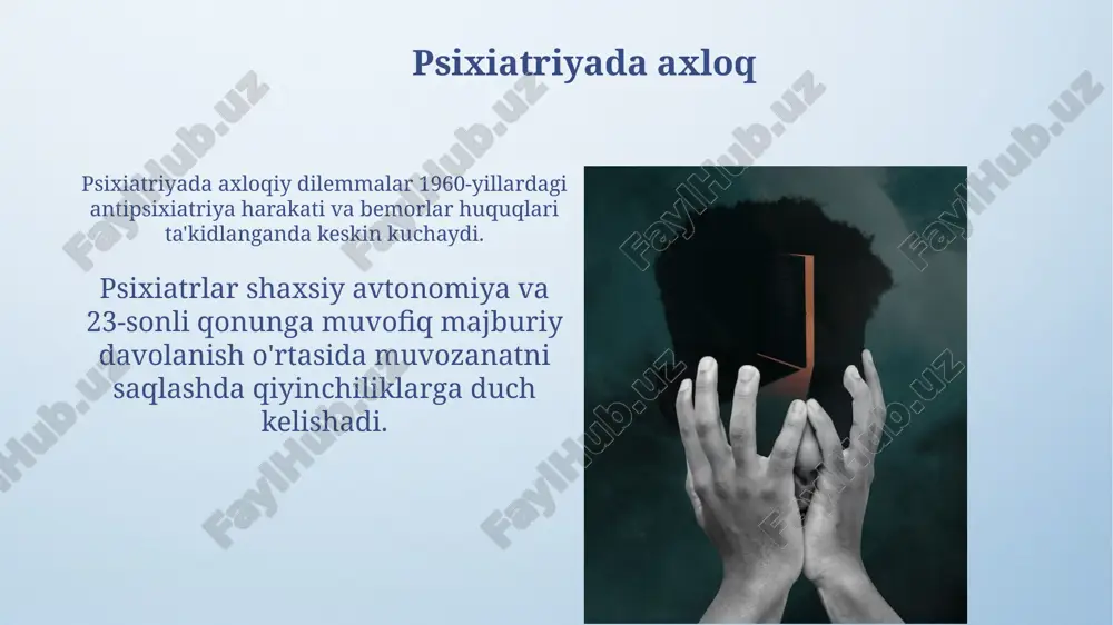 tushuntirish, 60% holatlarda irsiy omillar muhim rol o'ynashini ko'rsatishdir. axborot kampaniyalari 75% hollarda stigmatizatsiya xavfini kamaytiradi, real hayotiy hikoyalar va ekspert intervyularidan foydalanish orqali faktlarni yetkazish lozim. siyosat va qonunchilikdagi o'zgarishlar ruhiy kasallikni dekriminalizatsiya qilish bo'yicha qonunchilikka kiritilgan o'zgartirishlar bemorlarga nisbatan ijtimoiy stigma va diskriminatsiyani kamaytirishga qaratilgan, masalan, 2023-yilgi 123-sonli qonun. 2024-yilgi 456-sonli qonunda ruhiy salomatlik xizmatlaridan foydalanishni qat'iy maxfiylik qoidalari bilan himoya qilish, bemorlarning shaxsiy ma'lumotlarini himoya qilish bo'yicha qoidalar keltirilgan. e'tiboringiz uchun rahmat image4.png image5.png image6.jpg image7.jpg image8.jpg image9.jpg image10.jpg image11.jpg image12.jpg image13.jpg image14.jpg image15.jpg image16.jpg image17.jpg image1.jpeg