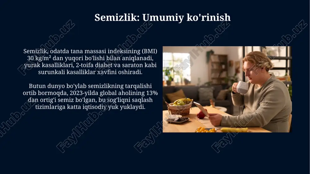 qa o'rtacha intensivlikda jismoniy faol bo'lish muhim. farmakologik davolashda glp-1 retseptorlari agonistlari va sglt2 ingibitorlari kabi dori vositalari qon shakarini nazorat qilish va vaznni kamaytirishga yordam beradi. metabolik sindromni davolash metabolik sindromni davolashda tana vaznini 7-10% kamaytirish, qon bosimini 130/85 mmhg dan pastga tushirish va triglitseridlarni 150 mg/dl dan kamaytirish muhim. jismoniy faollikni oshirish, haftasiga kamida 150 daqiqa o'rta intensivlikdagi mashqlar (masalan, tez yurish) metabolik sindromni yaxshilashning asosiy usuli hisoblanadi. 2-toifa diabetni davolash usullari metformin kabi og'iz orqali qabul qilinadigan dori vositalari insulin sezuvchanligini oshiradi va jigarning glyukoza ishlab chiqarishini kamaytiradi, qondagi qand miqdorini nazorat qilishga yordam beradi. glp-1 reseptorlari agonistlari kabi in'ektsiya qilinadigan dorilar insulin sekretsiyasini rag'batlantiradi, ishtahani pasaytiradi va vazn yo'qotishga yordam beradi, bu esa glyukoza nazoratini yaxshilaydi. hayot tarzi o'zgarishlari: oziqlanish va jismoniy faollik oziqlanishda kuniga 500-750 kaloriya kamaytirish orqali vazn yo'qotishga erishish mumkin, bu metabolik sindrom xavfini kamaytiradi va qon shakarini normallashtiradi. jismoniy faollik haftasiga kamida …