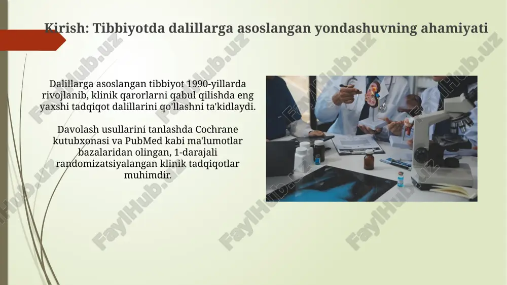ir bemor uchun aniq va ishonchli 95% natijalarni ta'minlaydi. elektron tibbiy yozuvlar datning bir qismi sifatida 70% xatolarni kamaytiradi, ma'lumotlarni tezkor baholash va samarali qaror qabul qilish imkoniyatini beradi. datga to'siqlar va ularni bartaraf etish yo'llari ma'lumotlarga to'siqlar kiritish 75% gacha klinik qaror qabul qilishda xatolikka olib kelishi mumkin; yechim: elektron sog'liqni saqlash yozuvlarida standratlashtirilgan terminologiyadan foydalanish. ma'lumotlarga to'siqlarni minimallashtirish uchun integratsiyalashgan qarorlar qabul qilish tizimlarini joriy etish kerak, bu esa tadqiqot va amaliyot o'rtasidagi tafovutni 50% gacha kamaytirishi mumkin. xulosa: tibbiyotning kelajagi - dalillarga asoslangan yondashuv kelajakda dori-darmonlar genomika va proteomika ma'lumotlaridan foydalanish orqali har bir bemor uchun 99% aniqlikdagi shaxsiy davolash usullarini ishlab chiqadi. sun'iy intellekt (si) asosida yaratilgan tizimlar 95% aniqlik bilan rentgen va kt tasvirlarini tahlil qilib, radiologlarga kasallik tashxisini qo'yishda yordam beradi. e'tiboringiz uchun rahmat image1.png image2.jpg image3.jpg image4.jpg image5.jpg image6.jpg image7.jpg image8.jpg image9.jpg image10.jpg image11.jpg image12.jpg image13.jpg