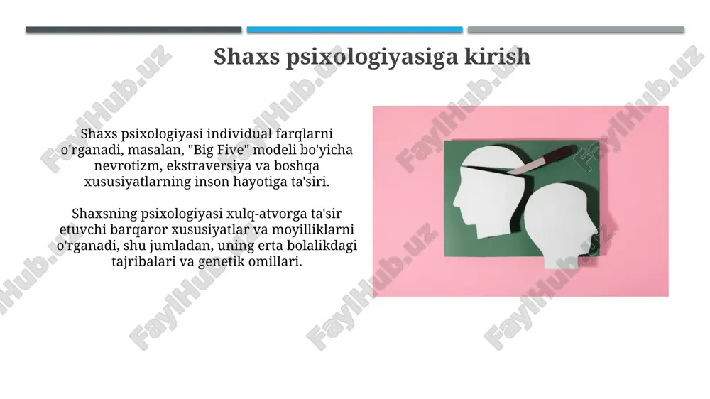 siyatning maladaptiv xususiyatlari sababli buzilgan funksiyalarni o'z ichiga oladi, 10 turli xildagi buzilishlar dsm-5 da tasniflangan, masalan, chegaraviy shaxs buzilishi. antisosial shaxs buzilishi diagnostikasi 18 yoshdan oshganlarda qo'yiladi, ammo uning alomatlari 15 yoshgacha bo'lgan davrda xulq-atvor buzilishi sifatida namoyon bo'lishi mumkin. shaxs psixologiyasida zamonaviy yo'nalishlar zamonaviy yo'nalishlardan biri shaxsning 5 faktorli modeli (ffm) bo'lib, u extraversion, agreeableness, conscientiousness, neuroticism va openness kabi 5 asosiy xususiyatni o'rganadi. shaxs psixologiyasida kognitiv-affektiv birliklar tizimi (caps) shaxsni xatti-harakatning o'zgaruvchanligi va vaziyatga bog'liqligini tushuntirishga qaratilgan dinamik modeldir. e'tiboringiz uchun rahmat image1.jpg image2.jpg image3.jpg image4.jpg image5.jpg image6.jpg image7.jpg image8.jpg image9.jpg image10.jpg image11.jpg image12.jpg