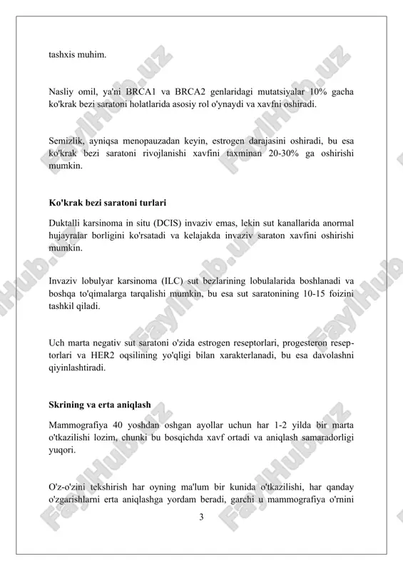 chunki ular davolash usullarini (masalan, gormonal terapiya) tanlashga yordam beradi. davolash usullari: jarrohlik lumpektomiya - bu saraton o'simtasini olib tashlash, sog'lom to'qimalarning kichik chegarasi bilan, ko'krakni saqlab qolishga qaratilgan minimal invaziv operatsiya turi. mastektomiya ko'krakni to'liq olib tashlashni o'z ichiga oladi; ba'zi hollarda rekonstruktiv jarrohlik ko'krak shaklini tiklash uchun mastektomiyadan so'ng amalga oshirilishi mumkin. sentinel limfa tugunining biopsiyasi - saraton tarqalishini tekshirish uchun birinchi limfa tugunini aniqlash va olib tashlash, bu esa ko'krak saratonida muhim bosqich hisoblanadi. davolash usullari: radiatsiya terapiyasi radiatsiya terapiyasi, yuqori energiyali nurlarni qo'llab, saraton hujayralarining dnksini buzadi, ularning ko'payishini to'xtatadi va o'smani kamaytiradi. doza fraksiyalarga bo'linib, sog'lom to'qimalarga ta'sir kamaytiriladi. 3d konformal radiatsiya terapiyasi (3d-crt) kabi zamonaviy usullar nurlanishni aniq shaklda o'smaga yo'naltiradi, bu esa atrofidagi sog'lom a'zolarning radiatsiya ta'sirini 60-70% kamaytiradi. brachytherapy, ichki radiatsiya terapiyasi, saraton o'chog'iga yaqin joylashtirilgan radioaktiv implantlardan foydalanadi, 5 dan 7 kun davomida yuqori dozani aniq yetkazib beradi va tashqi radiatsiyaga …