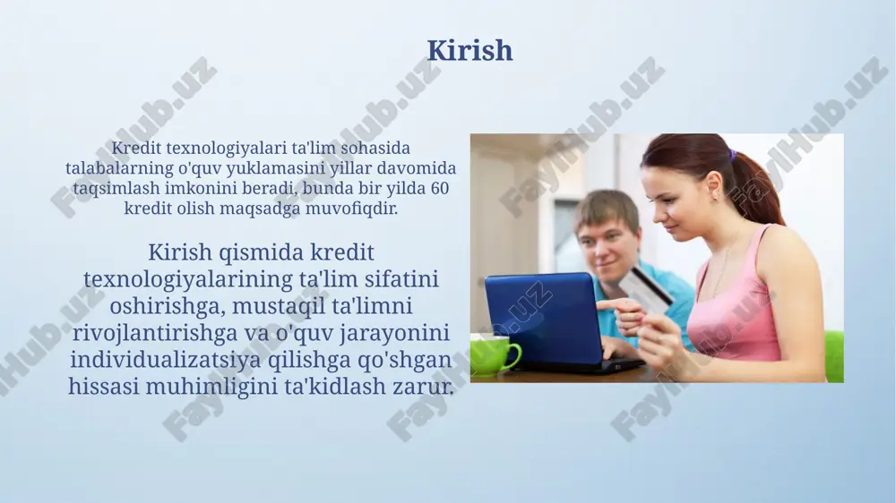 radi, shuningdek mustaqil loyihalar yaratishga imkon beradi. muammoli o'qitish texnologiyasi muammoli o'qitish texnologiyasi o'quvchilarni aktiv ishtirok etishga undaydi, ularga 4 asosiy bosqichda: muammo qo'yish, gipoteza ilgari surish, yechim topish, natijani baholash. ushbu texnologiya, 21-asr ko'nikmalarini rivojlantirishga qaratilgan, unda tanqidiy fikrlash, muammolarni hal qilish va kommunikatsiya qobiliyatlari muhim o'rin tutadi. ta'limda kredit texnologiyalarini joriy etishdagi muammolar o'quv dasturlarini moslashtirish qiyinligi, kredit soatlarining evropa kredit transfer tizimi (ects) kabi xalqaro standartlarga muvofiqligini ta'minlashda muammolar mavjud. o'qituvchilarning kredit tizimi asosida dars berishga tayyor emasligi, ularni yangi o'quv usullari va baholash mezonlariga o'rgatish uchun qo'shimcha resurslar talab etadi. xulosa ta'limda kredit texnologiyalari 2024-yilda o'quv jarayonini moslashuvchan qiladi, talabalarga individual reja asosida 120 soatlik kurslarni tanlash imkoniyatini beradi. kredit tizimi talabalarning mustaqil ishlash ko'nikmalarini rivojlantirishga yordam beradi, masalan, har bir semestrda 30 ta ects kredit ball to'plash orqali o'zlashtirishni ta'minlash. e'tiboringiz uchun rahmat image4.png image5.png image6.jpg image7.jpg image8.jpg image9.jpg image10.jpg image11.jpg image12.jpg image13.jpg image14.jpg image15.jpg …