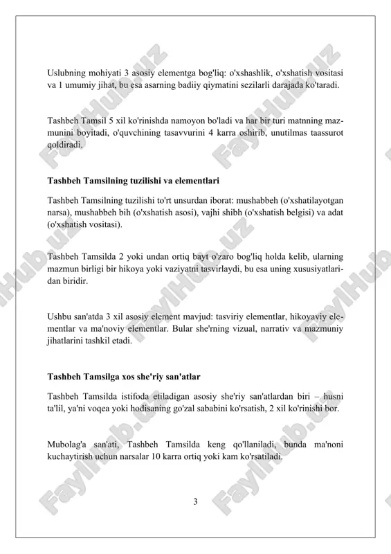 narsalarning goʻzalligi, kamoloti va mohiyati yoritiladi hamda tasviriy effekt beradi. mashrab she'riyatida tashbeh tamsil mashrab she'riyatida tashbehlar asosan 17-asr sufiyona adabiyotining an'analariga mos keladi, inson ruhini ilohiy dengizga qiyoslash kabi 3 ta asosiy yo'nalish mavjud. tamsil san'ati mashrab ijodida ko'proq ma'naviy-axloqiy masalalarni yoritish uchun ishlatiladi, masalan, nafsni jilovlash uchun 5 ta tamsiliy hikoya keltirilgan. mashrabning 12 ta she'rida "tashbeh tamsil" uslubi qo'llanilgan, bunda tabiat hodisalari orqali insonning ichki dunyosi va allohga bo'lgan muhabbati tasvirlangan. zamonaviy o'zbek adabiyotida tashbeh tamsil zamonaviy o'zbek adabiyotida 20-asr oxiri va 21-asr boshlarida tashbeh tamsil uslubi yangi qirralar bilan boyitilib, obrazlilik va ta'sirchanlikni kuchaytirdi. ba'zi zamonaviy shoirlar, masalan erkin vohidov, tashbeh tamsildan foydalanib, murakkab falsafiy fikrlarni oddiy va tushunarli tarzda ifodalashga muvaffaq bo'lishdi. adabiyotshunoslar zamonaviy asarlarda 3-darajali tashbeh tamsil (murakkab qiyoslash) ko'payganini ta'kidlashadi, bu esa asarlarning badiiyligini oshiradi. tashbeh tamsilning qo'llanilish sohalari tashbeh tamsil adabiyotda axloqiy pand-nasihatlarda keng qoʻllaniladi, ibratli hikoyalar orqali oʻquvchilarga 2 xil ma'noni …
