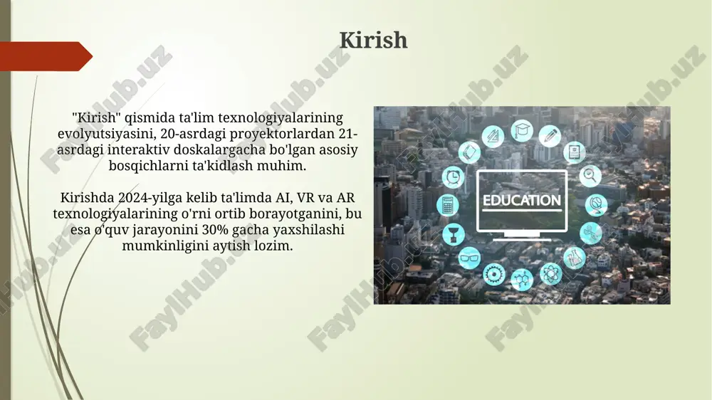 i bajaradigan 3d robotlarni loyihalashtiradilar. ma'lumotlar tahlili va shaxsiy yondashuv ma'lumotlar tahlili adaptiv testlarni qo'llab-quvvatlaydi, bunda har bir talabaning javobiga asoslanib, qiyinligi 1 dan 5 gacha bo'lgan savollar avtomatik ravishda tanlanadi. shaxsiy yondashuv ta'lim platformalarida 'o'quvchi profillari'ni yaratish orqali amalga oshiriladi, bu esa talabaning 8 ta asosiy qobiliyatiga moslashtirilgan materiallarni taqdim etadi. xulosa va kelajak istiqbollari kelajakda sun'iy intellekt (ai) asosida moslashtirilgan ta'lim platformalari 75% gacha o'quvchilarning muvaffaqiyatini oshirishi mumkin. blokcheyn texnologiyasi 2028 yilga kelib diplom va sertifikatlarning 90% gacha soxtalashtirilishining oldini olishda muhim rol o'ynaydi. e'tiboringiz uchun rahmat image1.jpg image2.jpg image3.jpg image4.jpg image5.jpg image6.jpg image7.jpg image8.jpg image9.jpg image10.jpg image11.jpg image12.jpg