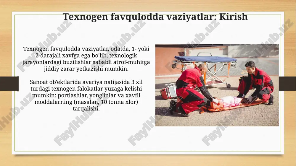 larga zarar yetkazishi mumkin. texnogen favqulodda vaziyatlarni bashorat qilish va oldini olish texnogen favqulodda vaziyatlarni bashorat qilishda 10 yillikdan ortiq tarixiy ma'lumotlar tahlili va 5 ta asosiy xavf omillarini aniqlash muhim ahamiyatga ega. oldini olish choralari 7/24 monitoring tizimlarini, xodimlarning har 3 yilda bir marta favqulodda vaziyatlar bo'yicha o'qitilishini va texnik auditlarni o'z ichiga oladi. texnogen favqulodda vaziyatlarda harakat qilish texnogen favqulodda vaziyatlarda, avvalo, xavf manbaidan uzoqlashing va 101 yoki 112 raqamlariga qo'ng'iroq qilib, hodisa haqida to'liq ma'lumot bering: joy, vaqt, holat. kimyoviy xavfli vaziyatlarda nafas olish organlarini himoya qilish uchun doka bintni suv yoki 2% soda eritmasi bilan namlang; bu usul gaz konsentratsiyasini 5-10 martagacha kamaytiradi. aholini himoya qilish choralari texnogen favqulodda vaziyatlarda aholini himoya qilish choralari orasida 72 soatlik suv va oziq-ovqat zaxirasini yaratish muhimdir, bu vaqt davomida tashqi yordam kelishi mumkin. radioaktiv ifloslanish xavfi tug'ilganda, aholini himoya qilish uchun yod preparatlarini (kaliy yodid) qabul qilish tavsiya etiladi, …