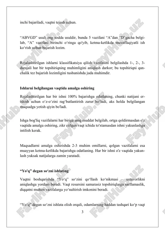 ingizni tahlil qilish sizning qaysi vazifalarga koʻproq e’tibor qaratganingizni aniqlash uchun zamin yaratadi. harakatlaringizni baholash orqali bajargan ishlaringizdan ruhan tetiklik topasiz hamda bu jarayon sizni maqsadlaringizga erishishingiz uchun rag'batlantiradi. rejangizga rioya qiling va vazifalarni belgilangan muddatlarda bajarish orqali 100 foizlik natijaga intilishni ta'minlang, aks holda maqsadga yetib bormaysiz nima uchun ba'zan qoʻyilgan maqsadga yetishish qiyin tuyuladi? 1. maqsadga yetishish yoʻlidagi kechikishlar tufayli sabrsizlik va qatʼiyatsizlikning vujudga kelishi, shuningdek irodaning yetishmasligi va yalqovlik kabi omillar muvaffaqiyatga erishishga to‘sqinlik qiladi. 2. ongning "qoʻrqoq" qismi bilan kurashmaslik va faqatgina muvaffaqiyatli omillarni ko'zlab aniq reja tuzmaslik maqsadga yetishish yoʻlini toʻsib qoʻyadi hamda ishonchni yoʻqotishga olib keladi. 3. rejalashtirilgan ishlar 100% bajarilmasa, qisman yechimlar qidirishga urinish, toʻsiqlarni bartaraf etish oʻrniga oʻzini oqlashga urinish motivatsiyani soʻndiradi va ishni yakunlashga ishtiyoqni susaytiradi. maqsadga erishishda 100 foiz qoidasi «maqsadga erishishda 100 foiz qoidasi»da siz barcha vazifalarni 99 foiz emas, balki toʻliq bajarishga intilishingiz kerak, aks holda muvaffaqiyatga erishish …