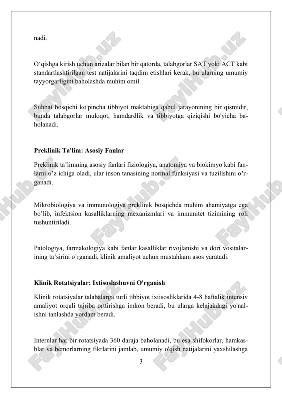 oid muhim qarorlar qabul qilishda yordam beradi. ilmiy tadqiqot va nashrlar ilmiy tadqiqot va nashrlar tibbiyot talabalarining tadqiqot qobiliyatini rivojlantirishda muhim rol o'ynaydi, ilmiy maqolalarni yozish va nashr etish ko'nikmalarini oshiradi. ilmiy tadqiqot va nashrlar talabalarga klinik amaliyotda duch keladigan muammolarni tahlil qilish va echimlar topish uchun 20 dan ortiq tadqiqot usullarini o'rgatadi. ilmiy tadqiqot va nashrlar talabalarga 30 dan ortiq xalqaro ilmiy jurnallarda maqolalar chop etish imkoniyatini yaratadi va ularning ilmiy faoliyatini rag'batlantiradi. bemorlarga g'amxo'rlik qilish: amaliy tajriba bemorlarga g'amxo'rlik qilishda, 70% hollarda samarali kommunikatsiya va 30% hollarda emotsional qo'llab-quvvatlash muhim rol o'ynaydi. klinik tajribada, bemorning 85% xavfsizligini ta'minlash uchun 15 ta asosiy protokolga rioya qilish kerak. amaliyot davomida, 90% muvaffaqiyatli davolash bemorning 10% xatti-harakatlarini o'zgartirishga bog'liq. etika va professionalizm tibbiyot talabalarining professionalizm darajasi, masalan, empatiya ko'rsatkichlari, odatda o'qish davomida, ayniqsa klinik amaliyotda, taxminan 10-20 foizga pasayishi kuzatiladi. etika va professionalizm bo'yicha darslar 1-kursda boshlanib, 4-kursgacha davom etishi, keyingi …
