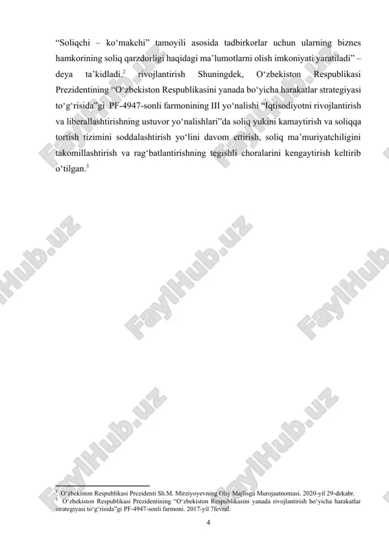 gan sohalarga soliq imtiyozlari berilishi o‘z - o‘zidan ularning soliq qarzlarini kamayishiga ham olib keladi. shu munosabat bilan soliqlar va yig‘imlarni belgilangan muddatda hamda to‘liq kelib tushishini ta’minlash vazifasi muhim ahamiyatga egadir. soliqlarni muddatida to‘lanishini ta’minlash esa soliq qarzini imkon qadar paydo bo‘lishini oldini olish va paydo bo‘lgandan so‘ng uni samarali undirish bilan amalga oshiriladi. demak, soliq to‘lovchilarning soliq qarzlarini qisqartirish va yangi qarzlarni paydo bo‘lishini oldini olish hamda soliqlar va yig‘imlarni belgilangan muddatda budjetga kelib tushishini nazorat qilish soliq organlarining e’tibor beriladigan eng muhim masalalardan biri hisoblanadi hamda bu borasida alohida ilmiy ish olib borilishini taqazo etadi. mavzuga oid adabiyotlarning tahlili mamlakatda moliya va soliq tizimini takomillashtirishning ustuvor yo‘nalishlari, shu jumladan, soliqlar va yig‘imlarni undirishning ayrim masalalari qator xorijiy va mahalliy olimlar tomonidan o‘rganilgan. mazkur masala bo‘yicha ilmiy tadqiqot olib borgan xorijlik olim margherita ebraico (2015) mamlakatda soliqlar va yig‘imlarni undirilishini rivojlantirish va rag‘batlantirish bilan bir qatorda soliq qarzi …