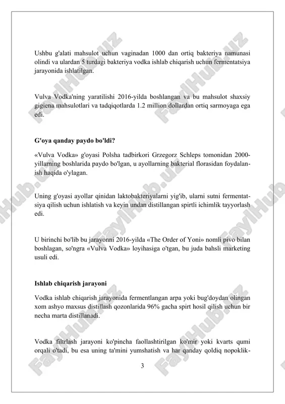 ni manipulyatsiya qilish masalalari bahs-munozaralarga sabab bo'lgan. mahsulot nomining o'zi madaniy sezgirlik va ayollarning shaxsiy hayotiga hurmat nuqtai nazaridan 20 dan ortiq tanqidlarga duch kelgan. huquqiy masalalar brend nomini ro'yxatdan o'tkazish muhim, chunki u boshqa kompaniyalarning sizning noyob vulva vodka nomingizdan foydalanishining oldini oladi, intellektual mulk huquqini kafolatlaydi. alkogolli ichimliklarni ishlab chiqarish va sotish litsenziyalari va ruxsatnomalari qat'iy qoidalarga bo'ysunadi; ularni olish uchun davlat standartlariga muvofiq bo'lish kerak, 40 dan ortiq talablar mavjud. mahsulot yorlig'i haqida qonunlar iste'molchilarni himoya qilish uchun spirtli ichimlik tarkibi, ishlab chiqarilgan sanasi va hajmi kabi aniq ma'lumotlarni talab qiladi, masalan, 35 ml. bozor tahlili bozor segmentatsiyasi vulva vodkasining demografik koʻrsatkichlariga qaratiladi, masalan, 25-55 yoshdagi ayollar va yangilikka qiziquvchan, yuqori daromadli isteʼmolchilar kabi guruhlarga eʼtibor beradi. raqobat tahlili premium vodka brendlarini, shuningdek, niche mahsulotlar va innovatsion marketing kampaniyalarini oʻz ichiga oladi, bu vulva vodkasining bozorga kirish strategiyasini shakllantirishda muhim ahamiyatga ega. iste'molchilarning xohish-istaklarini o'rganish orqali, 70% …