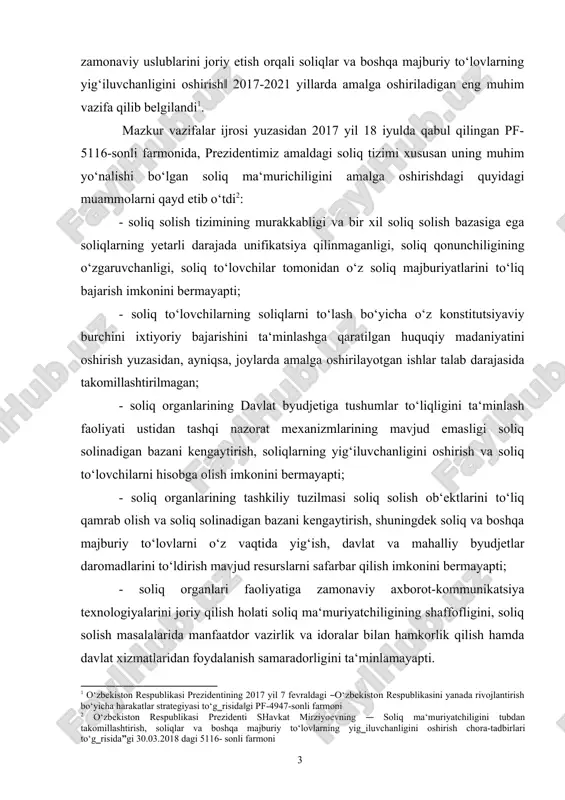laridan foydalanish samaradorligini ta‘minlamayapti. 1 o‘zbekiston respublikasi prezidentining 2017 yil 7 fevraldagi ―o‘zbekiston respublikasini yanada rivojlantirish bo‘yicha harakatlar strategiyasi to‘g‗risida‖gi pf-4947-sonli farmoni 2 o‘zbekiston respublikasi prezidenti shavkat mirziyoevning ― soliq ma‘muriyatchiligini tubdan takomillashtirish, soliqlar va boshqa majburiy to‘lovlarning yig‗iluvchanligini oshirish chora-tadbirlari to‘g‗risida”gi 30.03.2018 dagi 5116- sonli farmoni · soliq nazoratini tashkil qilish mexanizmlarining mukammal emasligi, soliqqa oid huquqbuzarliklarni aniqlash va ularni barvaqt profilaktika qilish samaradorligini pasaytirib, soliq to‘lovchilarning sud organlariga murojaatlari ko‘payishiga olib kelmoqda; soliqqa oid huquqiy munosabatlarning ahvoli va rivojlanish tendensiyalarini tahlil qilish, soliq tushumlarini ishonchli prognozlashtirish faoliyatini takomillashtirishni, soliq siyosatining o‘rta muddatli va istiqbolli yo‘nalishlarini ishlab chiqish, soliq ma‘murchiligini barqaror rivojlanishi uchun uning normativ-huquqiy bazasini, tashkiliy va uslubiy jihatlarini ilg‘or xorij tajribasidan foydalangan holda shakllantirishni talab etadi. 1-bo`lim.“soliq mamurchiligining nazariy va xuquqiy asoslari” 1- mavzu: soliq ma‟murchiligi fanning mohiyati, maqsadi va vazifalari 1. “soliq ma‟murchiligi” fanining predmeti va funkstiyalari, o‟qitishning zarurligi. 2. “soliq ma‟murchiligi” fanining boshqa fanlar bilan …