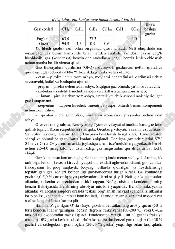 ati xom ashyo bazasini yaratish 1950-yillarda ukraina, shimoliy kavkaz, o‘zbekistondagi farg‘ona konlari hisobiga gaz qazib chiqarish o‘sib bordi. ukrainada shebelinsk, shimoliy stavropol, o‘zbekistonda gazli konlari kabi qator katta konlar ochildi. bu vaqtda g‘arbiy sibir va yakutiyadagi birinchi dastlabki konlar ochildi. sharqiy sibirdagi urengoy koni tabiiy gazga boy kon hisoblanadi. bu gaz o‘zida vodorod sulfid saqlamaydi, u asosida sharqiy sibir, g‘arbiy yevropa gaz quvuri magistralini tashkil etish taklif qilingan. neft tarkibidagi gazsimon alkanlar gazsimon alkanlar gazlar qazib olinadigan joyga bog‘liq holda tabiiy, yo‘ldosh va gazokondensat gazlarga bo‘linadi. tabiiy gazlar toza gaz konidan qazib olinadi. ular asosan metan va oz miqdorda etan, propan, butanlar, pentanlar va azot, vodorod sulfid, azot(ii)-oksid gazlari aralashmasidan tashkil topgan ba’zi gaz konlaridagi aralashmalar tarkibi (5.2-jadvalda) keltirilgan. bu gazlar quruq gazlar guruhiga kiradi. metan miqdori asosan 93,0-98,0% ga, etan va propan oz miqdorni tashkil qiladi. nisbatan yuqori molekulali uglevodorodlarni miqdori, asosan juda oz miqdorda kuzatiladi, ba’zi gazlarda ularni …