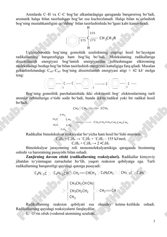 parchalanish c–c bog‘ bo‘yicha parchalanishiga nisbatan muhim emas. uzun zanjirli normal alkanlarda c–c va c–h bog‘larning uzulish energiyasi zanjirning o‘rtasida biroz kamayadi, ammo birinchisi doimo ikkinchisidan ancha kam bo‘ladi: 1ch3 – 2ch2 – 3ch2 – 4ch2 – 5ch2 – 6ch2 – 7ch2 – 8ch3 bog‘ energiyasi kj/mol c–c 335 322 314 310 c–h 394 373 364 360 ٭arrenius tenglamasi k=ae ‾e‌‌/ ‌‌‌‌rt ga binoan a ning qiymati deyarli bir xil bo‘lganda konstantalarning nisbati e ∆e/ rt kattalikga teng bo‘ladi, bu erda ∆e– tegishli reatsiyalarning faollanish energiyasi farqi. harorat oshishi bilan bog‘larning mustahkamligi orasidagi farq kamayadi, shuning uchun o‘rtacha harorat (400–500 oc) da uglevodorod zanjirining uzulishi o‘rtadagi bog‘larda amalga oshadi, yuqori haroratda esa bu uzulish boshqa bog‘lar bo‘yicha ham amalga oshishi mumkin. sikloalkanlarda c–c bog‘lar normal alkanlarnikiga qaraganda barqarorligi ancha kamdir: siklogeksanda 8 kj/molga, siklopentanda 25 kj/molga. alkenlarga qo‘shbog‘li uglerod atomidagi c–c va c–h bog‘lar ancha mustahkamdir, β–holatda esa alkanlarga nisbatan …