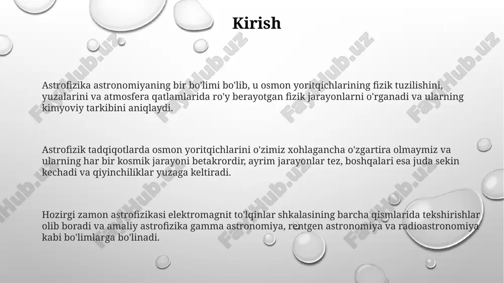 chiqarishda ehtiyotkorlikni talab qiladi va 100% aniqlikni istisno qiladi. hozirgi zamon astrofizik observatoriyalari hozirgi zamon astrofizik observatoriyalari keng emtsh ni yoki spektral diapazonni tekshiradi, bu esa turli xil kuzatish va tekshirish asboblarini qo'llashni talab qiladi. kosmik observatoriyalar yer atrofida aylanadigan sun'iy yo'ldoshlarga o'rnatilgan rentgen va gamma teleskoplar bilan jihozlangan bo'lib, kosmik nurlarni aniqlashga xizmat qiladi. chilidagi paranal tog'ida 4 ta 8 m li teleskopga ega obsevatoriya qurilgan bo'lib, yevropa davlatlari hamkorligida faoliyat olib boradi va osmon jismlarini yuqori aniqlikda kuzatadi. astrofizikada keng qoʻllaniladigan kvant fizikasi tushunchalari atom o'tishlari fotonlar chiqarishi bilan bog'liq. yuqori energiyali holatdan quyi holatga o'tishda ma'lum to'lqin uzunlikdagi nurlanishlar ajralib chiqadi, bu esa spektral chiziqlarni hosil qiladi. astrofizik obyektlardan keladigan nurlanishlar kvant tabiatga ega. fotonlar oqimi elektromagnit to'lqinlar yig'indisi sifatida namoyon bo'ladi, bunda energiya hv (plank doimiysi) bilan belgilanadi. astrofizik tekshirishda turli xil atomlar va molekulalarning energiya sathlari ko'riladi. bu jarayonlarning energiya yutilishi, chiqishi va taqsimlanishi yulduz …