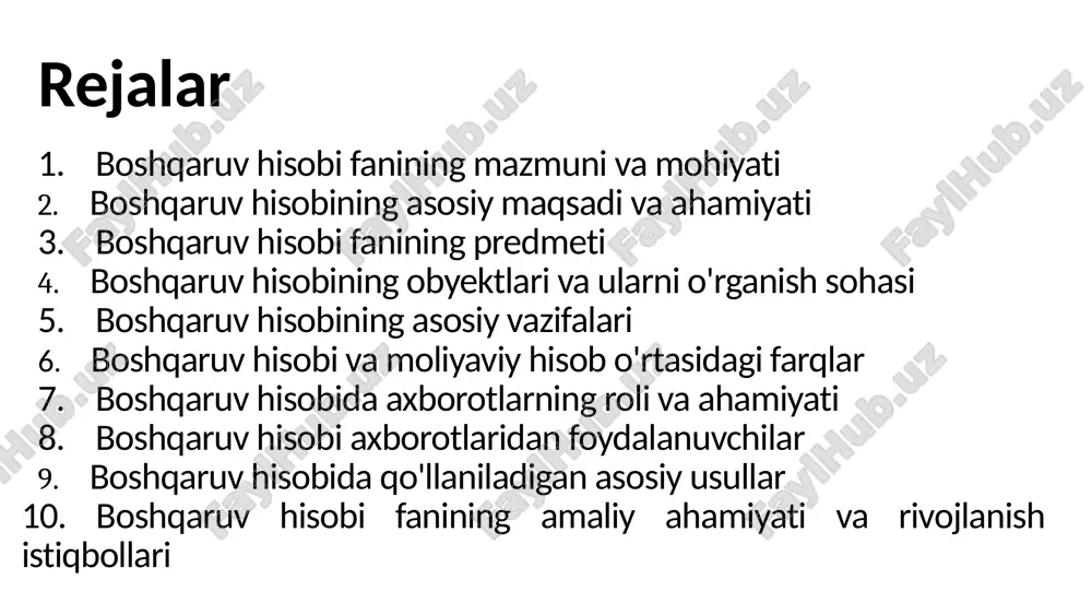 ayonlarini chuqur tahlil qilib, ularning asosida menejer rahbarlarga foydali axborot yetkazadi. bu axborotlar strategik rejalashtirish, nazorat, tahlil va qaror qabul qilishda muhim asos bo'lib xizmat qiladi. shunday qilib, boshqaruv hisobi fanining predmeti korxonaning ichki iqtisodiy faoliyatini kompleks o'rganish va uni samarali boshqarishga qaratilgan. kompleks o'rganish - bu biror masala yoki jarayonni faqat bitta tomondan emas, balki barcha tomonlari bilan chuqur va to'liq tahlil qilish demakdir. ya'ni, iqtisodiy, texnik, ijtimoiy va moliyaviy jihatlarni birgalikda o'rganish orqali to'g'ri xulosa chiqariladi. 4. boshqaruv hisobining obyektlari va ularni o'rganish sohasi boshqaruv hisobining obyektlari - bu korxona faoliyati jarayonida boshqaruv qarorlarini qabul qilish uchun zarur bo'lgan iqtisodiy ko'rsatkichlar jarayonlardir. ular asosan ishlab chiqarish xarajatlari, mahsulot tannarxi, daromadlar, foyda, resurslardan foydalanish, ishlab chiqarish hajmi moliyaviy natijalarni o'z ichiga oladi. resurslardan foydalanish - bu korxona yoki tashkilotda mavjud mehnat, moliya, texnika, vaqt va xomashyo kabi imkoniyatlarini maqsadga muvofiq tarzda ishga solishi demakdir. ya'ni, resurslar to'g'ri samarali ishlatilsa, …