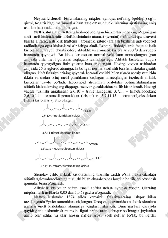 hamda turli siklopentilsirka kislotalar va siklopentilpropion kislotalar, c8– ikki asosli alifatik va aromatik kislotalar, c3–c6 alifatik va c13–c15 siklik ketonlar, hamma (uch) krezollardan iborat, turli ksilenollar va -naftol hamda boshqa murakkabroq tuzilishli birikmalardan iborat fenollar mavjuddir. neftdagi kislorod saqlagan birikmalarning miqdori uning geologik yoshi bilan hamda sig‘adigan jins xarakteri bilan chambarchas bog‘liq. turli neftlarni tahlil qilish natijasida olingan ma’lumotlarni umumlashtirganda shu narsa aniqlandiki, kislorodning o‘rtacha miqdori (foizda) paleozoy qatlamlarida 0,23 dan kollektorning terrigen (qumli) jinslari uchun kaynozoy qatlamlarida 0,40 gacha oshadi. karbonatli jinslar bilan bog‘liq bo‘lgan neftlarda kislorodning miqdori neftning yoshini oshishi bilan kamayadi, lekin uning miqdori terrigen jinslarnikidan ko‘ra ko‘proq bo‘ladi (paleozoy qatlamlarida 0,31 %). neftning eng ko‘p tarqalgan kislorod saqlagan birikmalari bo‘lib nordon xossalarga ega bo‘lgan kislota va fenollar hisoblanadi va ular neft yoki uning fraksiyalaridan ishqor yordamida ajratib olinishi mumkin. ularning umumiy miqdori kislota soni, ya’ni 1g neft mahsulotini titrlash uchun sarflangan kon ning milligramlar miqdori bilan …