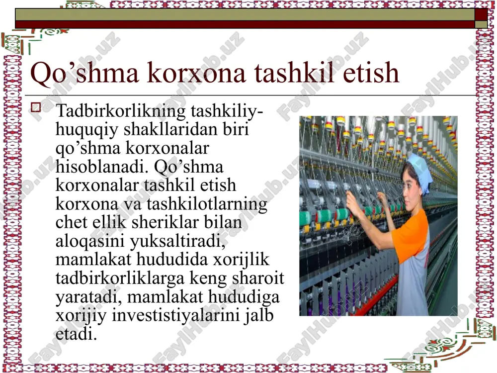 i “to’g’ridan-to’g’ri xususiy xorijiy investistiyalarni jalb etishni rag’batlantirish borasidagi qo’shimcha chora-tadbirlar to’g’risida” farmoni mamlakatda investistiya muhitini yanada yaxshilash, xususiylashtirish, ishlab chiqarishni modernizastiya qilish, texnik jihatdan qayta jihozlash va rekonstrukstiya qilish, respublikaning ortiqcha ishchi kuchi mavjud bo’lgan mintaqalarida yangi ish joylarini yaratish dasturlarini amalga oshirishga to’g’ridan-to’g’ri xususiy xorijiy investistiyalarni keng jalb etish, shuningdek xorijiy investorlar uchun ishonchli huquqiy himoya va kafolatlarni ta’minlash qaratilgan. to’g’ridan-to’g’ri xususiy xorijiy investistiyalar hajmi quyidagicha bo’lganda mazkur soliq imtiyozlari beriladi: 300 ming aqsh dollaridan 3 million aqsh dollarigacha - 3 yil muddatga; 3 milliondan ortiq aqsh dollaridan 10 million aqsh dollarigacha - 5 yil muddatga; 10 million aqsh dollaridan ortiq bo’lganda - 7 yil muddatga. image2.jpeg image3.jpeg image4.jpeg image5.jpeg image6.jpeg image7.jpeg image8.jpeg image9.jpeg image10.jpeg image11.jpeg image12.jpeg image1.png /docprops/thumbnail.jpeg