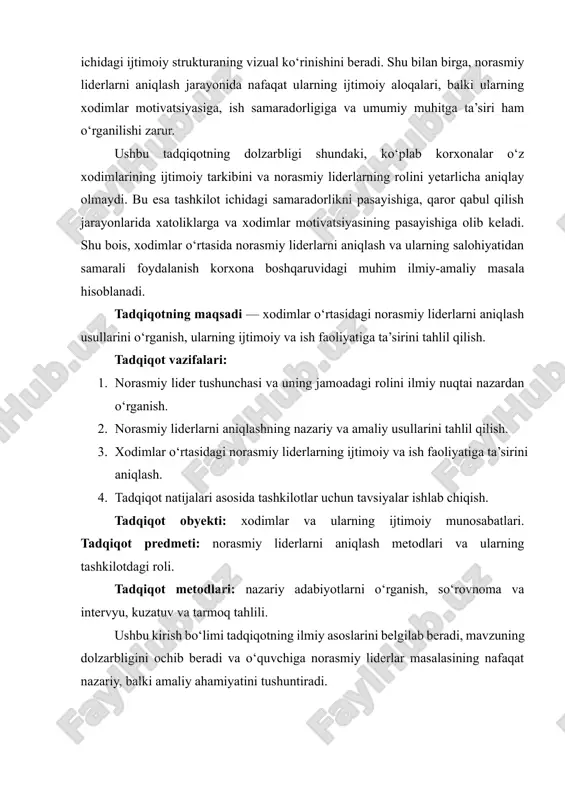 otdagi roli. tadqiqot metodlari: nazariy adabiyotlarni o‘rganish, so‘rovnoma va intervyu, kuzatuv va tarmoq tahlili. ushbu kirish bo‘limi tadqiqotning ilmiy asoslarini belgilab beradi, mavzuning dolzarbligini ochib beradi va o‘quvchiga norasmiy liderlar masalasining nafaqat nazariy, balki amaliy ahamiyatini tushuntiradi. 1. norasmiy lider tushunchasi va xodimlar o‘rtasidagi roli norasmiy lider — rasmiy rahbar lavozimi bo‘lmasa-da, jamoadagi xodimlar tomonidan e’tirof etilgan, motivatsiya beruvchi va ijtimoiy ta’sirga ega shaxsdir. ular xodimlar orasida qaror qabul qilishda, muammolarni hal qilishda va ish jarayonini muvofiqlashtirishda muhim rol o‘ynaydi. 1.1. norasmiy lider tushunchasi norasmiy lider — bu tashkilot yoki jamoa a’zolari tomonidan rasmiy lavozimga ega bo‘lmasa-da, xodimlar orasida obro‘ga ega bo‘lgan, ular qarorlariga ta’sir ko‘rsatadigan shaxsdir. norasmiy liderning kuchi rasmiy hokimiyatdan kelmaydi, balki ijtimoiy qobiliyat, ishonch, ekspertiza, shaxsiy fazilat va xodimlar bilan muloqot orqali shakllanadi. norasmiy liderlik tushunchasi zamonaviy ijtimoiy-psixologik va menejment adabiyotlarida keng o‘rganilgan. masalan, r. katz va r. kahn (1978) norasmiy liderlarni jamoa ichidagi “ijtimoiy integratorlar” sifatida …