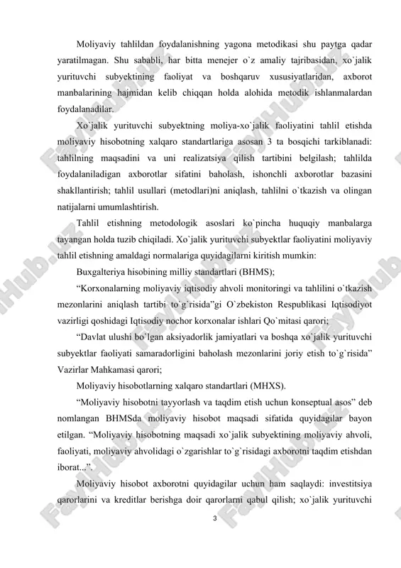 qiy manbalarga tayangan holda tuzib chiqiladi. xo`jalik yurituvchi subyektlar faoliyatini moliyaviy tahlil etishning amaldagi normalariga quyidagilarni kiritish mumkin: buxgalteriya hisobining milliy standartlari (bhms); “korxonalarning moliyaviy iqtisodiy ahvoli monitoringi va tahlilini o`tkazish mezonlarini aniqlash tartibi to`g`risida”gi o`zbekiston respublikasi iqtisodiyot vazirligi qoshidagi iqtisodiy nochor korxonalar ishlari qo`mitasi qarori; “davlat ulushi bo`lgan aksiyadorlik jamiyatlari va boshqa xo`jalik yurituvchi subyektlar faoliyati samaradorligini baholash mezonlarini joriy etish to`g`risida” vazirlar mahkamasi qarori; moliyaviy hisobotlarning xalqaro standartlari (mhxs). “moliyaviy hisobotni tayyorlash va taqdim etish uchun konseptual asos” deb nomlangan bhmsda moliyaviy hisobot maqsadi sifatida quyidagilar bayon etilgan. “moliyaviy hisobotning maqsadi xo`jalik subyektining moliyaviy ahvoli, faoliyati, moliyaviy ahvolidagi o`zgarishlar to`g`risidagi axborotni taqdim etishdan iborat...”. moliyaviy hisobot axborotni quyidagilar uchun ham saqlaydi: investitsiya qarorlarini va kreditlar berishga doir qarorlarni qabul qilish; xo`jalik yurituvchi subyektning bo`lg`usi pul oqimiga baho berish; xo`jalik yurituvchi subyektga ishonib topshirilgan resurslar munosabati bilan uning resurslariga, majburiyatlariga baho berish; rahbar organlarning ishiga baho berish. 1-bob. moliyaviy …