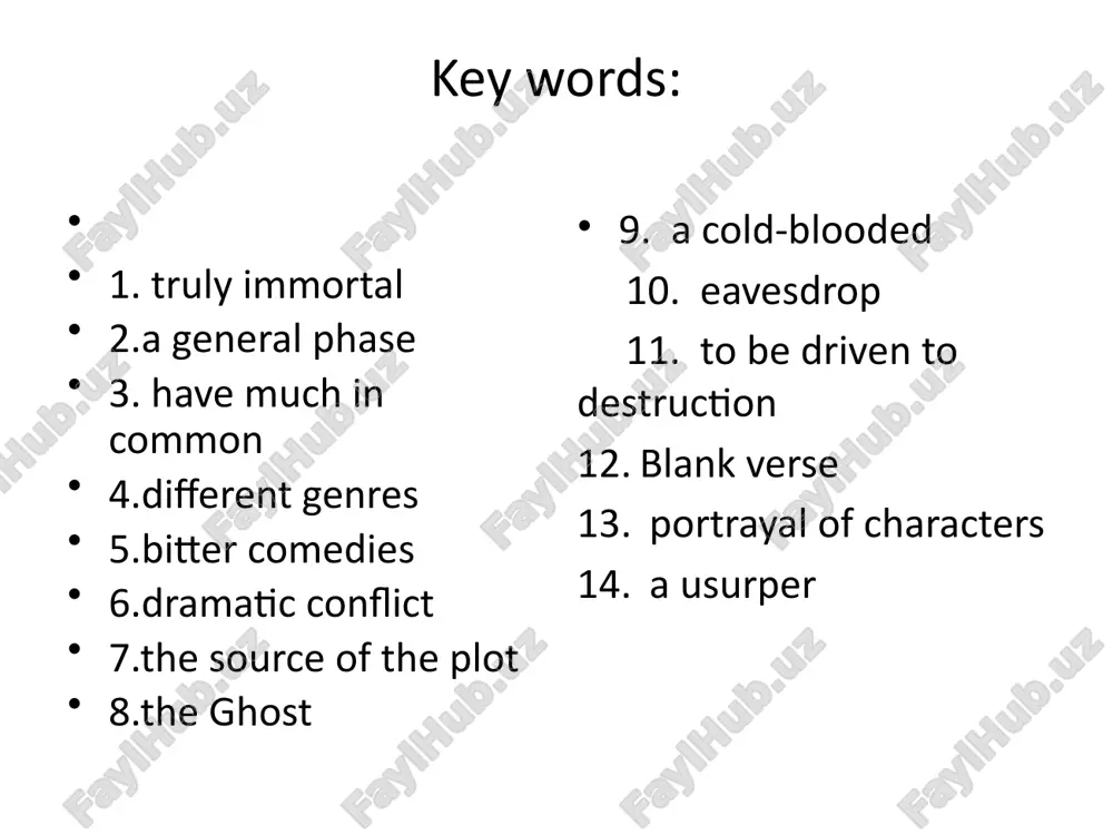 ndsor”, the tragedies “romeo and juliet”, “julius caesar” and the histories “richard ii”, “henry iv” (parts i and ii), “henry v” were written at this period, and in them the great playwright demonstrated his various dramatic actions into a unified plot, showed his gift for characterization. the third period during the third period (1601-1608) shakespeare wrote his great tragedies (“hamlet”, “troilus and cressida”, “othello”, ‘king lear”, ”macbeth”, “timon of athens”, “anthony and cleopatra”, “coriolanus”), which made him truly immortal. every play of this period, shows shakespeare’s awareness of the tragic side of life. comedies even the two comedies of the period “all’s well that ends well” and “measure for measure” are more disturbing than amusing. that is why they are often called “problem” comedies or “bitter” comedies. shakespeare’s sonnets were also written during the third period of his literary career. the fourth period the fourth period (1609-1613). during this final …