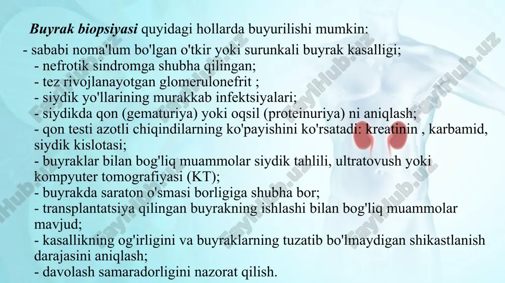alini va buyrakning pastki qismini yoki buyrak tos suyagini ko'rish uchun uzun, ingichka, egiluvchan naycha (uretroskop) kiritiladi. biopsiya bilan uretroskopiya, shuningdek, bolalar, homilador ayollar, yuqori siydik yo'llarining anomaliyalari bo'lgan bemorlar, yuqori siydik yo'llari kasalliklari va buyrak transplantatsiyasi bilan og'rigan bemorlarda amalga oshiriladi. transyugulyar biopsiya. ba'zi hollarda buyrak venalaridan biriga kateter qo'yish orqali biopsiya qilish mumkin. ushbu usul qon ketishining buzilishi bo'lgan bemorlarda qo'llaniladi, ular uchun teri orqali buyrak biopsiyasi mumkin emas. bu, shuningdek, semirib ketgan bemorlarga yoki surunkali nafas etishmovchiligi bo'lgan bemorlarga ham tegishli, ular uchun umumiy behushlik katta xavf tug'dirishi mumkin. va nihoyat, buyraklarning kattaligi yoki anatomik joylashuvi an'anaviy biopsiyani o'ta qiyinlashtiradigan yoki imkonsiz qiladigan holatlar mavjud. buyrak biopsiyasiga qanday tayyorgarlik ko'rish kerak? shifokoringiz buyrak biopsiyasining sabablarini tushuntirishi kerak. siz foyda va xavf haqida bilishingiz kerak. sizni qiziqtirgan savollarni berishdan tortinmang. sizdan buyrak biopsiyasidan keyin yuzaga kelishi mumkin bo'lgan xavf va asoratlarni tushunganingizni tasdiqlovchi rozilik shaklini (kelishuvini) imzolashingiz so'raladi. …