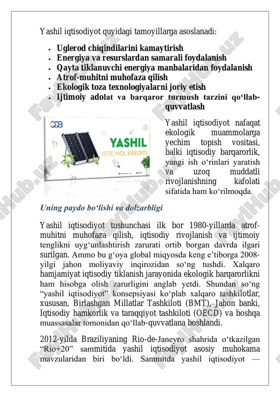 liklarning erishi, qurg‘oqchilik va toshqinlarning ko‘payishi global ekologik falokat xavfini kuchaytirmoqda.  tabiiy resurslarning kamayishi: neft, gaz, toza ichimlik suvi kabi resurslar cheklangan bo‘lib, ularning haddan ortiq ishlatilishi kelajak avlodlar uchun xavf tug‘diradi.  havoning, suvning va tuproqning ifloslanishi: an’anaviy ishlab chiqarish jarayonlari ekologik muhitga jiddiy zarar yetkazmoqda.  aholining tez o‘sishi va urbanizatsiya: yangi infratuzilmalarni qurishda ekologik me’yorlarga amal qilinmasligi, yashil hududlarning qisqarishiga olib kelmoqda. shu sababli, yashil iqtisodiyot nafaqat ekologik muhitni muhofaza qilish, balki insoniyatning uzoq muddatli farovonligini ta’minlash uchun ham eng maqbul yo‘nalish sifatida qaralmoqda. yashil iqtisodiyotning afzalliklari yashil iqtisodiyot – bu nafaqat atrof-muhitni muhofaza qilish, balki iqtisodiy o‘sish, ijtimoiy barqarorlik va yangi ish o‘rinlari yaratishga xizmat qiladigan kompleks yondashuvdir. an’anaviy iqtisodiy modellardan farqli ravishda, yashil iqtisodiyot tabiiy resurslardan tejamkor va oqilona foydalanish, chiqindilarni kamaytirish, ekologik toza texnologiyalarni joriy qilish orqali ko‘plab ijobiy natijalarga erishishni maqsad qiladi. yashil iqtisodiyotning asosiy afzalliklari quyidagilardan iborat: 1. atrof-muhitni muhofaza qilish …