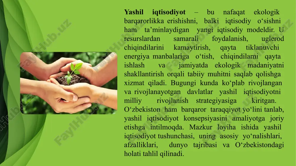 dudlarning qisqarishiga olib kelmoqda. yashil iqtisodiyotning afzalliklari yashil iqtisodiyot – bu nafaqat atrof-muhitni muhofaza qilish, balki iqtisodiy o‘sish, ijtimoiy barqarorlik va yangi ish o‘rinlari yaratishga xizmat qiladigan kompleksyondashuvdir. an’anaviy iqtisodiy modellardan farqli ravishda, yashil iqtisodiyot tabiiy resurslardan tejamkor va oqilona foydalanish, chiqindilarni kamaytirish, ekologik toza texnologiyalarni joriy qilish orqali ko‘plab ijobiy natijalarga erishishni maqsad qiladi. dunyo mamlakatlari bu yo‘nalishda jiddiy choralar ko‘rmoqda. o‘zbekiston ham yashil iqtisodiyotga o‘tish bo‘yicha aniq maqsadlar belgilab, amaliy loyihalarni boshlab yuborgan. jumladan, quyosh va shamol elektr stansiyalarining qurilishi, chiqindilarni qayta ishlash korxonalarining faoliyati va ekologik toza transport turlarining rivojlanishi bu boradagi muhim qadamlardir. shunday qilib, yashil iqtisodiyotga o‘tish nafaqat ekologik muammolarning oldini olish, balki yangi iqtisodiy imkoniyatlar va sog‘lom jamiyat qurishning asosiy yo‘li hisoblanadi. har bir davlat, tashkilot va fuqaro bu jarayonda o‘z o‘rnini topmog‘i va kelajak avlodlar uchun yashashga yaroqli muhitni yaratishga hissa qo‘shmog‘i lozim. image2.jpg image3.jpg image4.png image5.png image6.png image7.png image8.png image1.jpg /docprops/thumbnail.jpeg