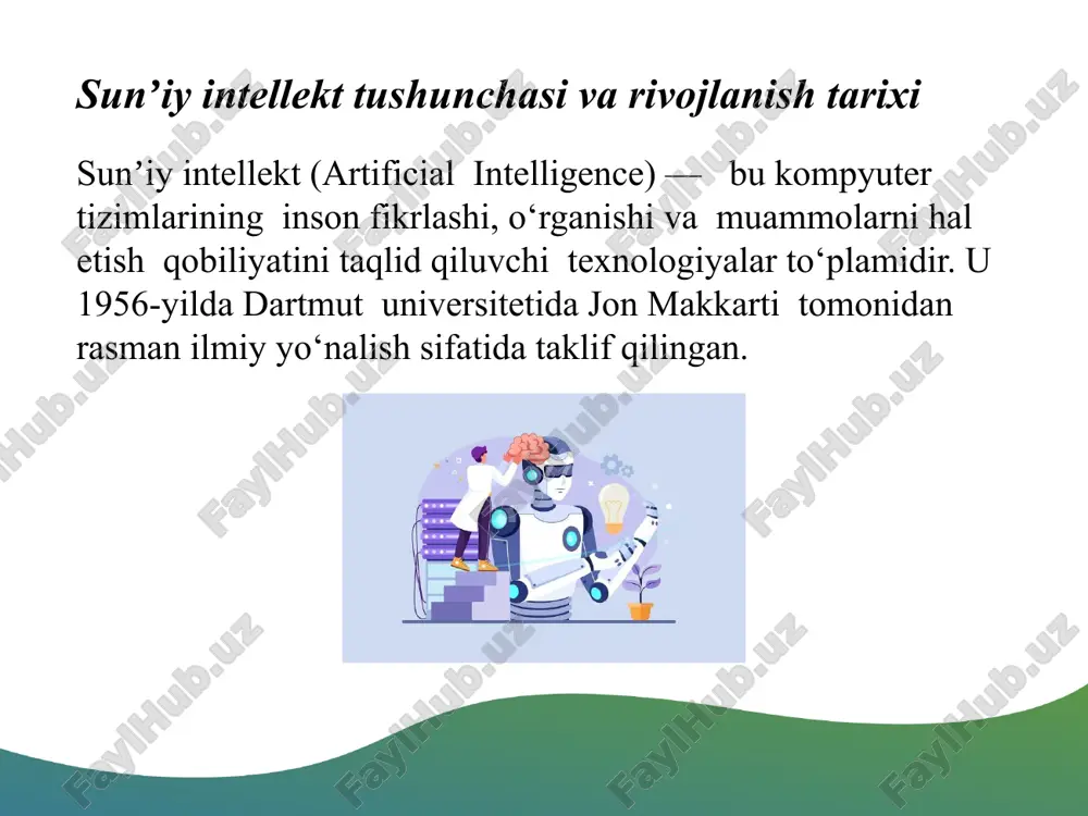 tirish, resurslarni tejash va yuqori aniqlikdagi natijalarni taʼminlash imkonini bermoqda. kelajakda si yanada ko‘proq sohalarda chuqur integratsiyalashishi kutilmoqda, bu esa yangi imkoniyatlar bilan birga, muhim etik va xavfsizlik masalalarini ham ko‘ndalang qo‘yadi. bugungi kunda sunʼiy intellekt (si) texnologiyalari insoniyat tarixidagi eng muhim ilmiy va texnologik yutuqlardan biri sifatida eʼtirof etilmoqda. dastlab inson aqli faoliyatini modellashtirish g‘oyasi sifatida shakllangan sunʼiy intellekt bugunga kelib keng qamrovli tizimlarga aylangan va jamiyatning turli jabhalarida faol foydalanilmoqda. kelajakda si texnologiyalari yanada mukammallashib, inson hayotining ajralmas qismiga aylanishi kutilmoqda. aqlli shaharlar, raqamli ta’lim, robotlashtirilgan sog‘liqni saqlash tizimlari va individual yordamchilarning rivojlanishi buning yorqin misolidir. biroq, bu rivojlanish faqat texnik yutuqlar bilan emas, balki inson qadriyatlari, qonunchilik asoslari va global etik tamoyillar bilan birga kechishi zarur. sunʼiy intellekt inson faoliyatini to‘ldiruvchi, lekin uni nazorat qilmaydigan vosita bo‘lib qolishi uchun u bilan bog‘liq siyosiy, ijtimoiy va huquqiy mexanizmlarni shakllantirish zarur. image2.jpeg image3.png image4.png image5.png image6.png image7.png image8.png image1.jpeg …