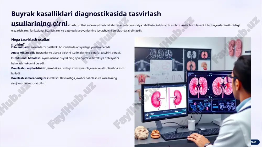 notesslides/notesslide10.xml ppt/notesslides/_rels/notesslide10.xml.rels ppt/slidemasters/slidemaster1.xml ppt/slidemasters/_rels/slidemaster1.xml.rels ppt/notesmasters/notesmaster1.xml ppt/notesmasters/_rels/notesmaster1.xml.rels ppt/media/image-1002-1.png ppt/media/image-1002-2.png ppt/media/image-1003-1.png ppt/media/image-1003-2.png ppt/media/image-1004-1.png ppt/media/image-1004-2.png ppt/media/image-1005-1.png ppt/media/image-1005-2.png ppt/media/image-1006-1.png ppt/media/image-1006-2.png ppt/media/image-1007-1.png ppt/media/image-1007-2.png ppt/media/image-1008-1.png ppt/media/image-1008-2.png ppt/media/image-1009-1.png ppt/media/image-1009-2.png ppt/media/image-1010-1.png ppt/media/image-1010-2.png ppt/media/image-1011-1.png ppt/media/image-1011-2.png ppt/media/image-1-1.png ppt/media/image-3-1.png ppt/media/image-4-1.png ppt/media/image-5-1.png ppt/media/image-5-2.png ppt/media/image-6-1.png ppt/media/image-7-1.png ppt/media/image-7-3.png ppt/media/image-8-1.png ppt/media/image-8-2.png ppt/media/image-8-3.png ppt/media/image-9-1.png ppt/media/image-9-2.png ppt/media/image-10-1.png ppt/media/image-10-2.png ppt/media/image-10-3.png _rels/.rels [content_types].xml ‹#› ‹#› ‹#› ‹#› ‹#› ‹#› ‹#› ‹#› ‹#› xx% ‹#› ‹#› ‹#› buyrak kasalliklarini zamonaviy rentgenologik va kt tekshirish usullari ushbu taqdimotda buyrak kasalliklarini aniqlashda qo'llaniladigan eng ilg'or rentgenologik va kompyuter tomografiyasi (kt) usullari ko'rib chiqiladi. biz har bir usulning asosiy tamoyillari, diagnostik imkoniyatlari va klinik ahamiyatini muhokama qilamiz. taqdimot rejasi: nima uchun bu mavzu muhim? global sog'liqni saqlash muammosi buyrak kasalliklari butun dunyo bo'ylab millionlab odamlarga ta'sir qiluvchi jiddiy sog'liqni saqlash muammosidir. erta diagnostika va samarali davolash bemorning hayot sifatini yaxshilash va asoratlarni oldini olish uchun juda muhimdir. diagnostik texnologiyalarning rivojlanishi tasvirlash usullaridagi uzluksiz innovatsiyalar, ayniqsa rentgenologiya