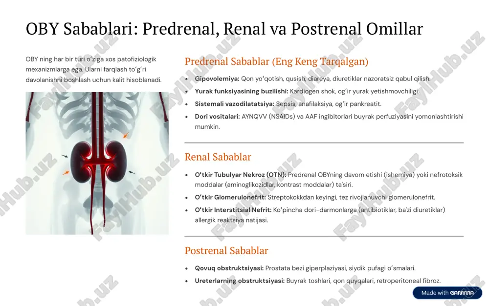 m beradi (masalan, predrenal obyda natriyning past fraktsion ekskretsiyasi). instrumental tekshiruvlar buyrak utt 4 asosiy tekshiruv usuli. u buyrak hajmini (surunkali kasallikda kichraygan bo»ladi), siydik yo»llaridagi obstruktsiyani (gidronefroz) va toshlarni aniqlash imkonini beradi. zarur bo»lsa, buyrak biopsiyasi o»tkazilishi mumkin, ayniqsa glomerulonefrit yoki interstitsial nefrit gumon qilinganda. https://gamma.app/?utm_source=made-with-gamma obyni davolash tamoyillari: konservativ va buyrakni o»rnini bosuvchi terapiya obyni davolash sababini bartaraf etish, asoratlarni boshqarish va buyrak funksiyasining tiklanishini qo»llab-quvvatlashga qaratilgan. 1. konservativ davo etiologik davolash predrenal obyda gipovolemiyani tuzatish uchun suyuqlik quyish; postrenal obyda obstruktsiyani bartaraf etish (stentlash, nefrostoma). suyuqlik balansini boshqarish oligurik bosqichda suyuqlik qat'iy cheklanadi. diuretiklar (masalan, furosemid) sinov dozasida berilishi mumkin, ammo ular doim ham samarali emas. elektrolit va atsidozni korrektsiyalash hayot uchun eng xavfli bo»lgan giperkaliemiyani bartaraf etish (kalsiy glyukonat, insulin/glyukoza infuziyasi). metabolik atsidozni natriy bikarbonat bilan davolash. 2. buyrakni o»rnini bosuvchi terapiya (bosht) agar konservativ davo samarasiz bo»lsa yoki quyidagi shoshilinch ko»rsatmalar mavjud bo»lsa, dializ (gemodializ …