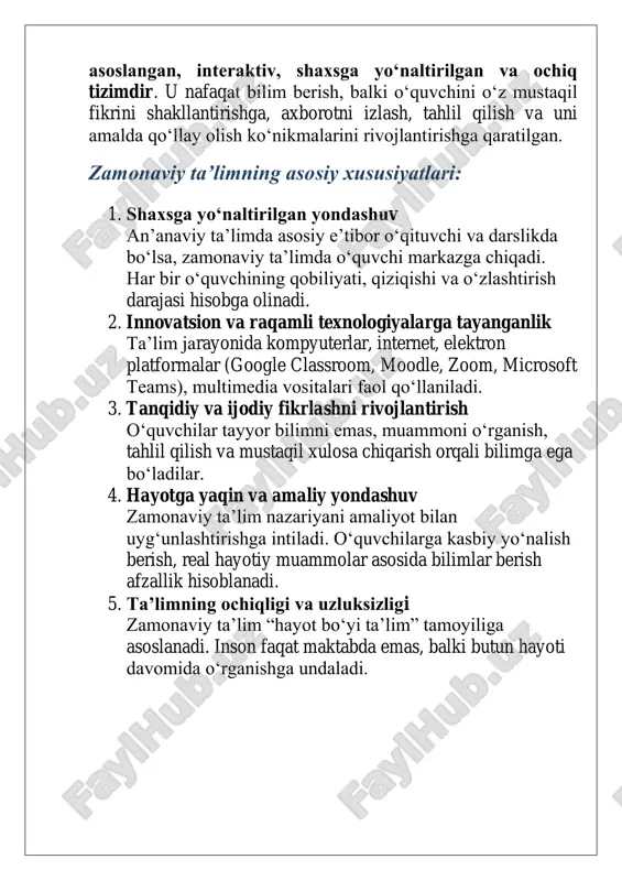 chi markazli metodlar ma’ruza, tushuntirish interaktiv, loyiha asosida, amaliy texnologiya kitob va doska akt, multimedia, onlayn platformalar baholash yakuniy test, imtihon joriy baholash, portfel, refleksiya moslashuvchanlik statik moslashuvchan, individual yondashuv zamonaviy ta’limning asosiy maqsadi: bilim berish bilan bir qatorda, ijtimoiy faollikka ega, axloqan yetuk, zamonaviy kasblarni egallay oladigan, mustaqil fikrlovchi va raqobatbardosh shaxsni shakllantirishdan iborat. bugungi kunda dunyo bo‘yicha keng tarqalgan ta’lim yondashuvlariga misollar sifatida steam (science, technology, engineering, arts, mathematics), clil (content and language integrated learning), flipped classroom (ag’darilgan sinf), gamification (o‘yinlashtirish), masofaviy va onlayn ta’lim kabi uslublarni keltirish mumkin. bularning barchasi ta’limning yangi bosqichga o‘tganidan dalolat beradi. innovatsion texnologiyalar va ularning turlari innovatsion texnologiyalar tushunchasi innovatsion texnologiyalar — bu ta’lim jarayonini yanada samarali, interaktiv va o‘quvchi uchun qiziqarli shaklda tashkil etishga qaratilgan ilg‘or pedagogik va axborot-texnologik yondashuvlar majmuasidir. ular an’anaviy ta’limdan farqli o‘laroq, o‘quvchilarning mustaqil fikrlashini, ijodkorligini va faol ishtirokini rag‘batlantiradi. bugungi globallashuv va raqamli transformatsiya davrida innovatsion …