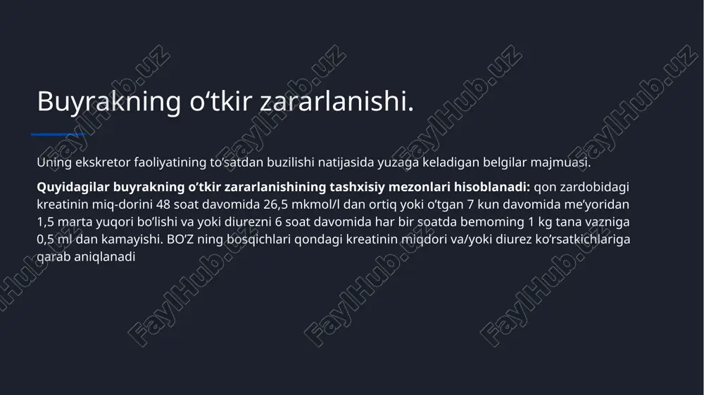 ri lozim. konservativ davop-ga reflektor bo’lgan hollarda, giperkaliyemiyada, gipervolemiyada, metabolik atsidozda boʻzga chalim-gan bemorlarda gemodializ o’tkaziladı. buyrak zararlanishi bilan bog’liq bo’lganda ensefalopatiya, peri kardit, polinevropatiyalar gemodializ o’tkazishga ko’rsatma hisoblanadi. gemodializ o’tkazishga mutlaq qarshi ko’rsatmalar bo’lganda peritoneal dializ yoki oshqozon va ichaklarni yuvish amalga oshiriladi. nefrotik sindrom. nefrotik sindrom, massiv proteninuriya (kuniga 3 gr dan koʻp), gipoproteinemiya (asosan, gipoalbuminemiya) – shish, seroz boʻshliqlar istisqosi, giperlipidemiya, giperxolesterinemiya va gipovolemiya bilan taʼriflanadigan simptomlar majmui. bu sindrom asosida organizm immun reaktivligining buzilishi yotadi, bunda buyrak koptokcha tomirchalari devori shikastlanadi, natijada oqsil yoʻqotiladi, uning qon zardobidagi miqdori kamayadi, bu, oʻz navbatida, qon plazmasi onkotik bosimini kamaytiradi, pirovardida suyuqlik qondan toʻqimalarga oʻtadi va shish paydo boʻladi. nefrotik kriz. nefrotik inqiroz nefrotik sindromning eng jiddiy asoratlaridan biridir. nefrotik sindrom va og’ir gipoalbuminemiya bilan og’rigan bemorlarda onkotik bosimning pasayishi tufayli aylanma qon hajmining keskin kamayishi bilan tavsiflanadi. nefrotik kriz sabablari. 1)glomerulyar bazal membrananing selektivligini deyarli to’liq yo’qotishi, uning …