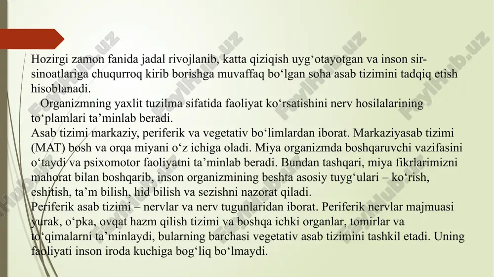 r edi. hozirgi kunlarda olimlar yana bir qonuniyatni aniqladilar – yangi raqs harakatlarini o‘rganib, ijro etishga layoqatli insonlarning miyasi faolroq bo‘lar ekan. chap yarim sharlar o‘ng yarim sharlar 1. xronologik tartib 2. ismlar, so‘zlar, timsollarnieslab qolish 3. xarita, chizmalarni o‘qish 4. nutqning faolligi, ma’noga nisbatan sezgirlik 5. olamni quvnoq, engil holda ko‘rish 6. to‘laligichaqabul qilish 1. joriy vaqt 2. tasvirlarni, aniq voqealarni eslab qolish, odamlarni yuzlaridan tanish 3. aniq fazoni qabul qilish 4. hissiy holatni qabul qilish 5. olamni qora ranglarda ko‘rish 6. yaxlit, obrazli qabul qilish amerikalik olimlar (r. xayer va boshqalar) erkaklar va ayollar turlicha fikr yuritishlarini aniqladilar. miya anatomiyasini tadqiq etish orqali erkaklar ko‘proq kul rang moddani, ayollar esa oq moddani faollashtirishlari ma’lum bo‘ldi. boshqacha aytganda, tafakkur jarayonida kuchli jins ayollarga nisbatan kul rang moddadan 6,5 marta ko‘proq, go‘zal jins vakillari esa oq moddadan 10 marta ko‘proq foydalanar ekan. . ong psixikaning eng yuksak darajasi bo‘lib u …