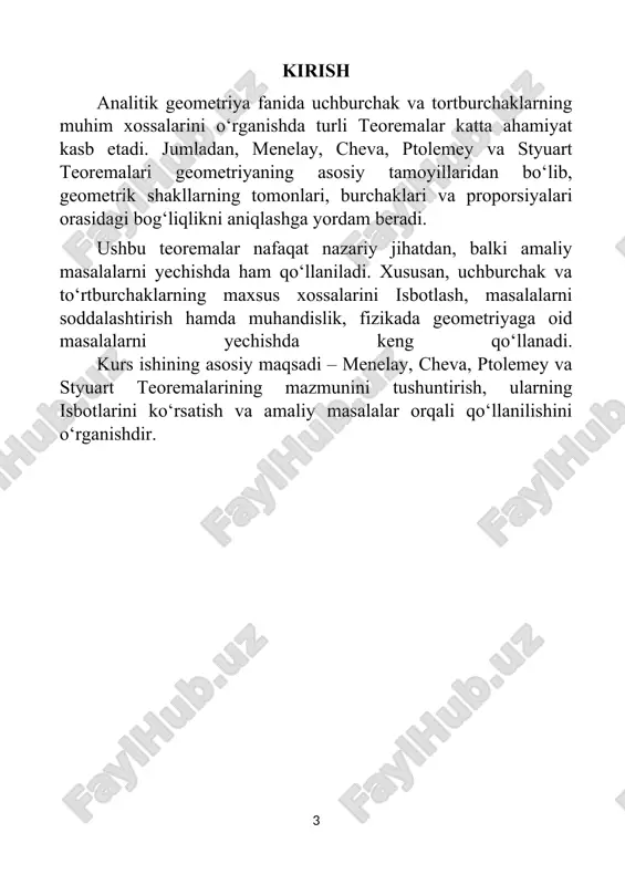 avariq to‘rtburchakka tashqi aylana chizish mumkin bo‘lsa, uning qarama-qarshi burchaklari yig’indisi ga teng bo‘ladi, ya’ni tengliklarni yozishimiz mumkin. 4-rasmdaki belgilashlarga asosan va lar uchun kosinuslar teoremasini qo‘llab quyidagilarni topamiz. embed equation.dsmt4 xuddi shunga o‘xshash va lar uchun kosinuslar teoremasini qo‘llab ekanliki topamiz. topilgan va larni hadma-had ko‘paytirib tenglikni hosil qilamiz. isbotlandi. ii.cheva teoremalari 2.2.1-teorema. (cheva teoremasi.): berilgan embed equation.dsmt4 uchburchakning va tomonlarida mos ravishda olingan va nuqtalar uchun to‘g‘ri chiziqlar bir nuqtada kesishsa, bo‘ladi. bunda to‘g’ri chiziqlar chevianlar deyiladi . isbot. ning uchidan tomoniga parallel to‘g’ri chiziqlar o‘tkazamiz va bu to‘g’richiziq va chiziqlar bilan mos ravishda va nuqtalarda kesishsin. , (2.2.1) , (2.2.2) , (2.2.3) , (2.2.4) (2.2.1), (2.2.2) ,(2.2.3), (2.2.4)larni ko‘paytiramiz embed equation.dsmt4 isbotlandi. 2.2.2-teorema.(cheva sinusi) berilgan ning va tomonlarida mos ravishda va olingan nuqtalar uchun va to‘g’ri chiziqlar bir nuqtada kesishsa, bo‘ladi. isbot. 8-rasm asosida embed equation.dsmt4 deb belgilaylik va nuqta va to‘g’ri chiziqlar kesishish nuqtasi bo‘lsin. u …