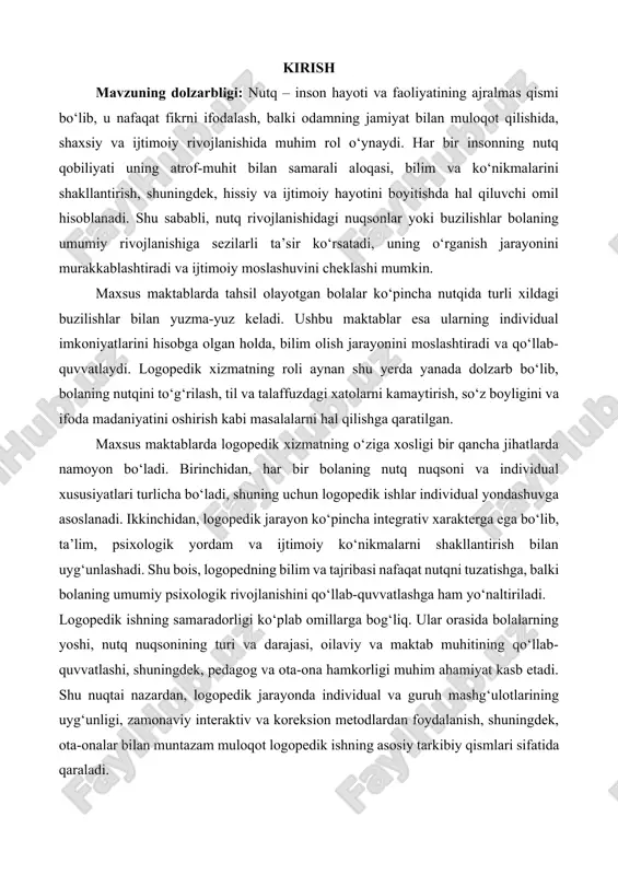 i rivojlantirish yo‘llari tahlil qilinadi. kurs ishining maqsadi: maxsus maktablarda logopedik xizmatning o‘ziga xos xususiyatlarini o‘rganish va nutq nuqsoniga ega bolalarning rivojlanishida logopedik ishning samarali shakl va metodlarini aniqlash. kurs ishining vazifalari:  maxsus maktablarda logopedik xizmatning nazariy asoslarini tahlil qilish.  nutq nuqsonlarini tashxislash va ularni bartaraf etish metodlarini o‘rganish.  individual va guruh logopedik mashg‘ulotlarning shakl va usullarini aniqlash.  logoped, pedagog va ota-onalar hamkorligining samarali yo‘llarini tahlil qilish.  maxsus maktablarda logopedik xizmatning o‘ziga xos xususiyatlarini amaliy jihatdan o‘rganish. kurs ishining obyekti: maxsus maktablarda logopedik xizmat va nutq nuqsoniga ega bolalarning rivojlanish jarayoni. kurs ishining predmeti: maxsus maktablarda logopedik xizmatning tashkiliy, metodik va amaliy jihatlari hamda uning nutq nuqsoni bo‘lgan bolalarning ta’lim va rivojlanishiga ta’siri. kurs ishining tuzilishi: kirish, 2 bob, 4 paragraf, xulosa va foydalanilgan adabiyotlar iborat. bob i. maxsus maktablarda logopedik xizmatning nazariy asoslari 1.1. maxsus maktablar va ularning logopedik vazifalari maxsus maktablar – nutq, …