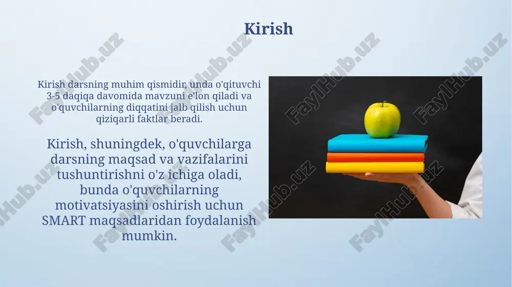 ajasi 30% ga ko'tarilishi mumkin. individual ta'lim yondashuvi “individual ta’lim yondashuvi” har bir o’quvchining 3 asosiy xususiyatini – qobiliyati, qiziqishi va o’rganish tezligini hisobga olgan holda o’quv dasturini moslashtirishni o’z ichiga oladi. ushbu yondashuvda o’qituvchi 5 dan ortiq turli xil o’qitish usullarini qo’llashi mumkin, masalan, loyihalar asosida o’qitish va individual maslahatlar, har bir bolaga alohida e’tibor qaratish uchun. kichik guruhlarda ishlash usullari “buzzer round” usuli 4-6 kishilik guruhlarda savollarga tezkor javob berishni rag’batlantiradi, bilimni mustahkamlaydi va jamoaviy musobaqa ruhini uyg’otadi. “aqliy hujum”ning “6-3-5” usuli har bir guruh a’zosiga 6 daqiqa ichida 3 ta g’oya yozishni buyuradi, keyin ularni 5 kishilik guruhda muhokama qiladi. tanqidiy fikrlashni rivojlantirish metodlari “6 qalpoq” usuli turli nuqtai nazarlarni tahlil qilishga yordam beradi, bu orqali muammoning har bir aspektini 360 gradusda ko'rish imkonini beradi. “fikrlar xaritasi” usuli murakkab mavzularni vizual tarzda tashkil etishga yordam beradi, bunda asosiy tushunchalar 5-6 ta kichik guruhlarga bo'linadi. ijodiy fikrlashni rivojlantirish …