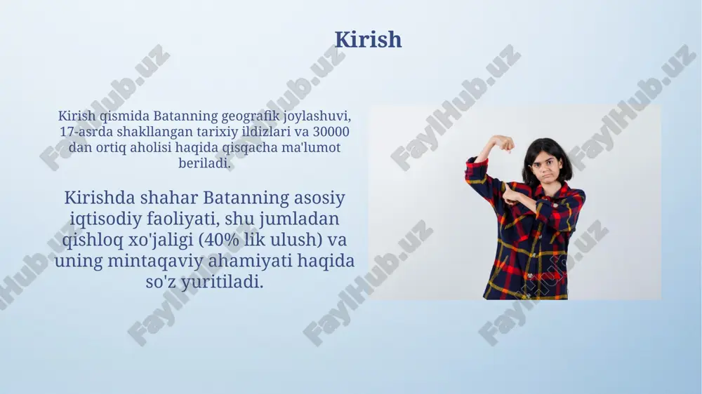 zosi sifatida 10 ta tarixiy obidani tozalashda qatnashdim. batanning 5 ta maktabida “madaniy meros – kelajak uchun qadriyat” mavzusida 300 dan ortiq o‘quvchiga mo‘ljallangan bepul darslar tashkil etdim. batanning obodonlashtirilishiga qo'shgan hissam men mahalliy ekologiya tadbirlarida 20 dan ortiq ko'ngilli soat ishlaganman, bu esa batanning yashil hududlarini 15% ga oshirishga yordam berdi. men 2023-yilda qabul qilingan shaharni obodonlashtirish boʻyicha yangi loyihaga 3 ta taklif kiritdim, ulardan biri tasdiqlandi va 5000 aqsh dollari moliyalashtirildi. xulosa xulosa, tadqiqotning yakuniy bosqichi sifatida, asosiy topilmalarni 3-4 jumlada jamlaydi va tadqiqot savoliga aniq javob beradi. ilmiy maqolalarda xulosa qismi 5-7 ta asosiy argumentni o'z ichiga oladi va kelajakdagi tadqiqotlar uchun istiqbolli 2-3 ta yo'nalishni ko'rsatadi. e'tiboringiz uchun rahmat image4.png image5.png image6.jpg image7.jpg image8.jpg image9.jpg image10.jpg image11.jpg image12.jpg image13.jpg image14.jpg image15.jpg image16.jpg image17.jpg image3.jpeg