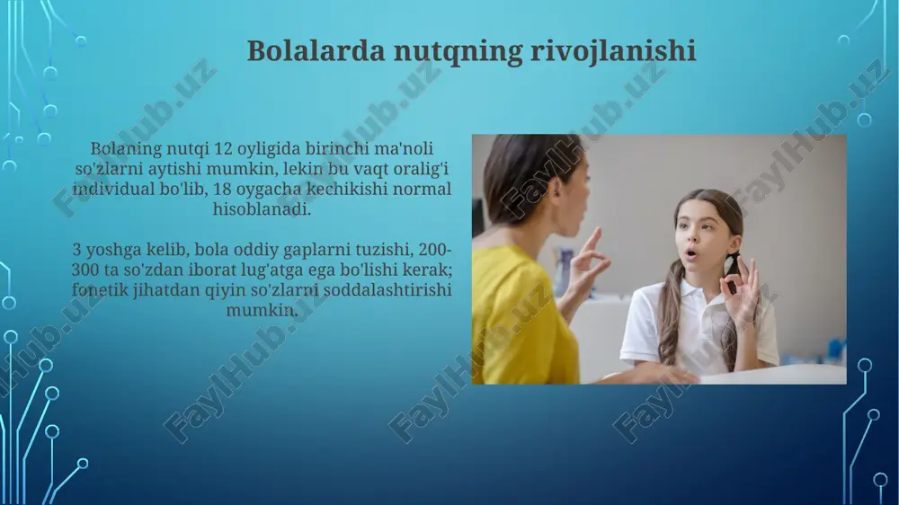 ladi. bolaning nutq organlari (til, lablar, jag') harakatlarini rivojlantirish uchun yuz va til mashqlarini erta yoshdan (6 oydan) boshlash, bu esa tovushlarni to'g'ri talaffuz qilishga yordam beradi. boshqa nutq buzilishlari bilan qiyosiy tahlil dislalining boshqa nutq buzilishlaridan asosiy farqi shundaki, bunda bolaning tovushlarni talaffuz qilish qobiliyati buziladi, ammo grammatik tuzilishi va lug'at boyligi yaxshi rivojlangan bo'ladi. dizartriyada nutq artikulyatsiya nuqsonlaridan tashqari, nutqning tezligi, ritmi va intonatsiyasida ham muammolar kuzatiladi, bu esa miya nervlarining shikastlanishi bilan bog'liq bo'lishi mumkin. muvaffaqiyatli davolash misollari va istiqbollar erta aralashuv, 3 yoshgacha intensiv nutq terapiyasi bilan 85% aretizm bilan og'rigan bolalarda sezilarli nutq yaxshilanishiga olib keldi, bu esa to'g'ri artikulyatsiyani tikladi. multidistsiplinar yondashuv (nutq terapevti, psixolog, ota-onalar ishtiroki) orqali davolangan 70 nafar bolaning 90 foizi 6 oy ichida barqaror nutq rivojlanishiga erishdi. e'tiboringiz uchun rahmat image3.png image4.jpg image5.jpg image6.jpg image7.jpg image8.jpg image9.jpg image10.jpg image11.jpg image12.jpg image13.jpg image14.jpg image15.jpg image1.png