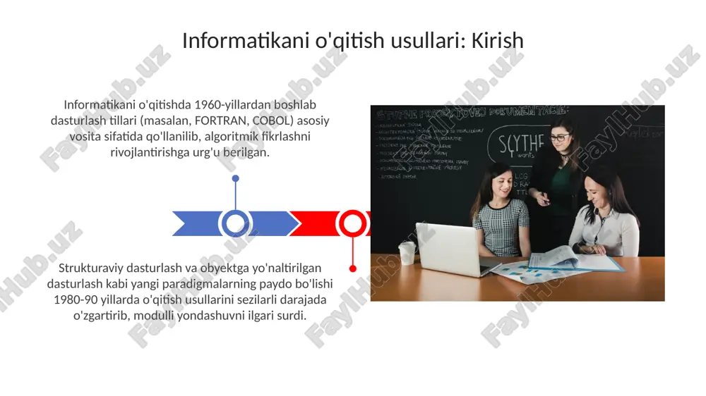tish tizimlari rivojlanib, har bir o'quvchining individual ehtiyojlarini qondirish imkonini beradi. xulosa va tavsiyalar informatika o'qitish usullarini takomillashtirish uchun 5 yillik strategik reja ishlab chiqish, o'quv dasturlarini zamonaviy tendensiyalarga moslashtirish va o'qituvchilar malakasini oshirish zarur. kelajakda sun'iy intellekt (ai) vositalaridan foydalanishni kengaytirish, o'quv jarayonini avtomatlashtirish va talabalarning mustaqil o'rganish ko'nikmalarini rivojlantirish bo'yicha 3 bosqichli dastur amalga oshirilishi kerak. e'tiboringiz uchun rahmat image5.jpg image6.jpg image7.jpg image8.jpg image9.jpg image10.jpg image11.jpg image12.jpg image13.jpg image14.jpg image15.jpg image1.jpeg image2.jpeg