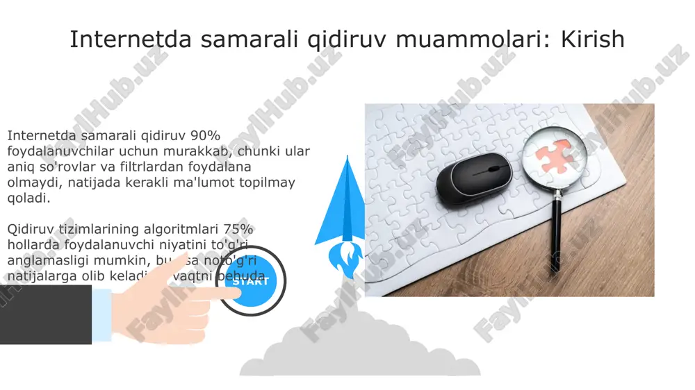 vdagi axloqiy muammolar qidiruv tizimlari shaxsiy ma'lumotlarni (masalan, qidiruv so'rovlari, joylashuv) yig'adi, bu esa 4-moddada belgilangan maxfiylik buzilishiga olib kelishi mumkin, ayniqsa ma'lumotlar anonimlashtirilmagan bo'lsa. algoritmlarning diskriminatsiyasi qidiruvdagi muhim axloqiy muammo bo'lib, u 50% hollarda natijalarni manipulyatsiya qilishi mumkin, bu esa muayyan guruhlarga nisbatan noto'g'ri yoki tarafkash natijalarga olib keladi. 06 05 04 katta hajmdagi ma'lumotlar qidiruvida kengaytirilgan texnikalar 01 02 kengaytirilgan indekslash 1 milliarddan ortiq hujjatlar uchun tez qidiruvni ta'minlaydi, teskari indekslar va tarqatma jadvallar kabi tuzilmalardan foydalanadi. mashinani o'rganish reytingi millionlab natijalarni maqsadli qidiruvlar uchun eng mos keladigan 100 taga qisqartirishda samarali bo'ladi. kelajakdagi tendentsiyalar va qidiruv innovatsiyalari kelajakda ai-ga asoslangan semantik qidiruv kuchayadi, bu esa 85% aniqlik bilan tabiiy til so'rovlariga javob berishga imkon beradi va asosiy so'zlar o'rniga niyatni tushunadi. blockchain texnologiyasi markazlashmagan qidiruv indekslarini yaratadi, shaxsiy ma'lumotlarning xavfsizligini oshiradi va algoritm shaffofligini ta'minlaydi, 2028 yilga kelib 30% o'sishi kutilmoqda. e'tiboringiz uchun rahmat image6.jpg image7.jpg image8.jpg …
